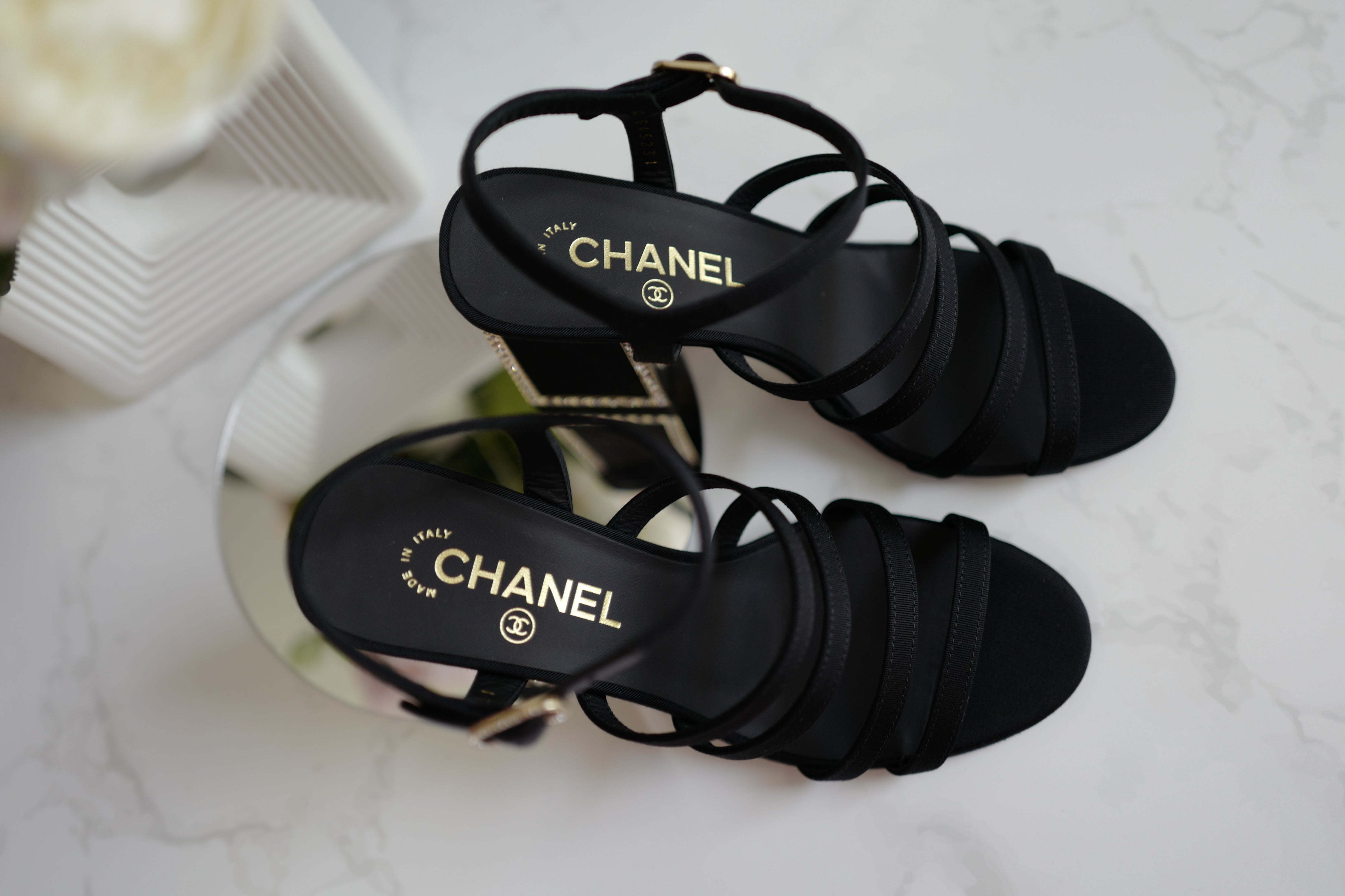 BNIB Chanel 24B Strappy Heels in Black with Crystals Rhinestone Heels size 38