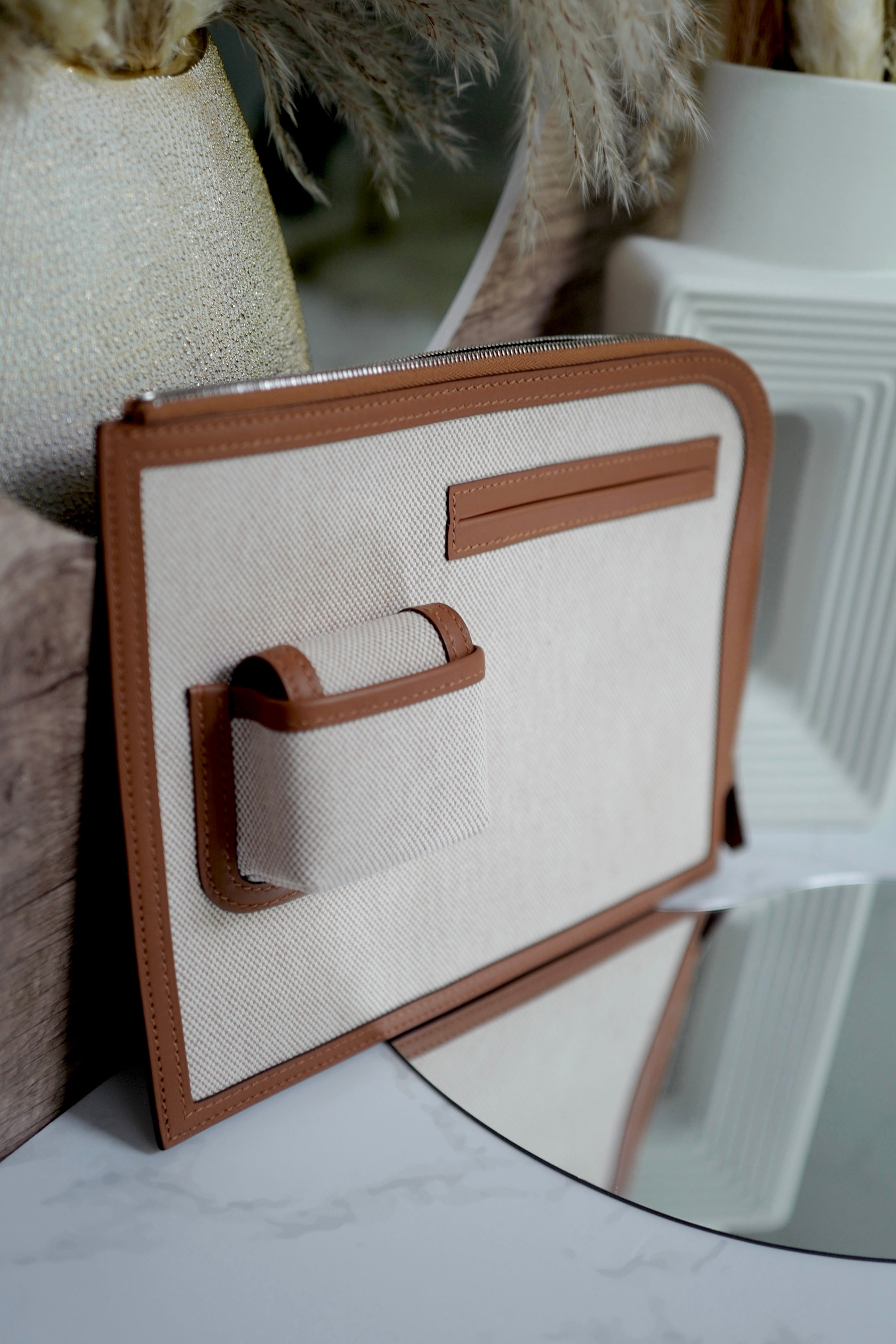BNIB Hermès H Swift Canvas Cargo Travel Pouch in Ecru-Gold with Palladium HW