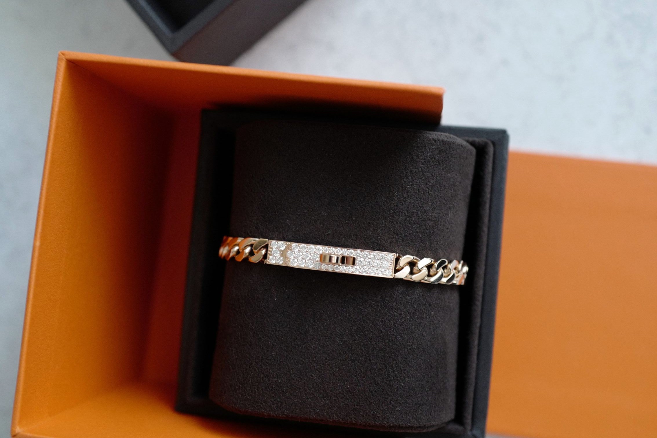 NEW Hermes Kelly Gourmette Bracelet Rose Gold 750 Diamond 0.90ct ST
