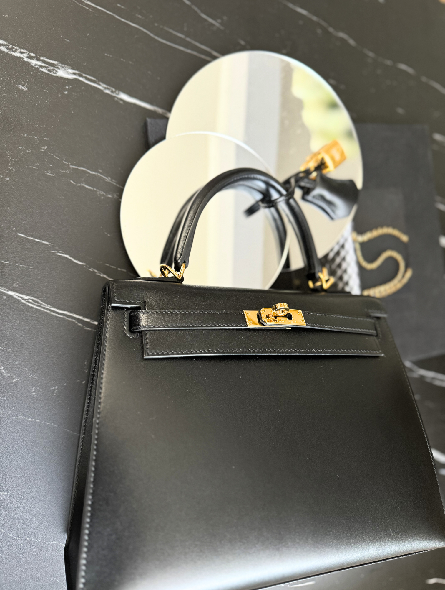 Hermes Kelly 25 Black Tadelakh Sellier Gold HW Complete Original Receipt NEW