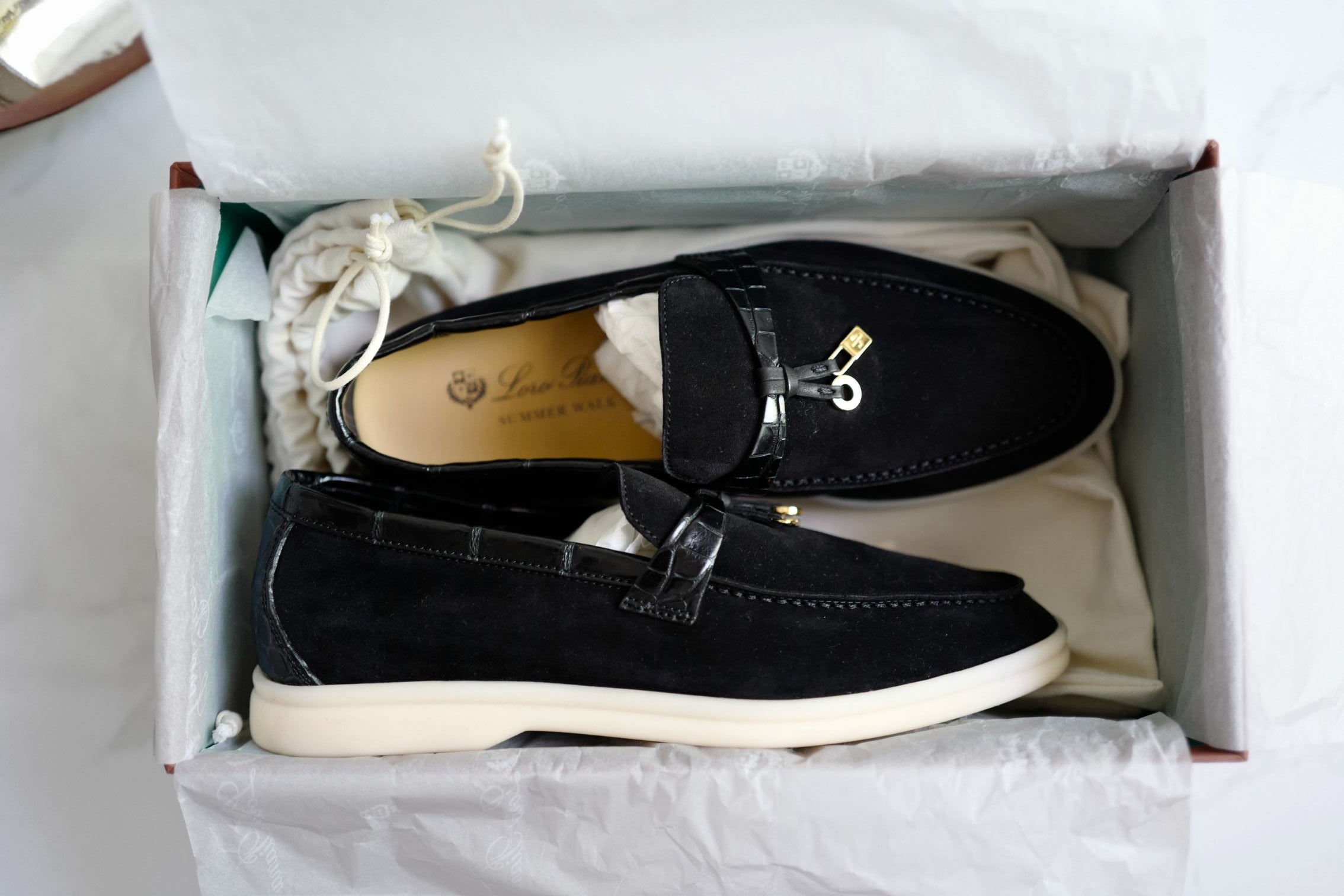 BNIB Loro Piana Summer Charms Walk Loafers In Black Suede Alligator strap Size 37