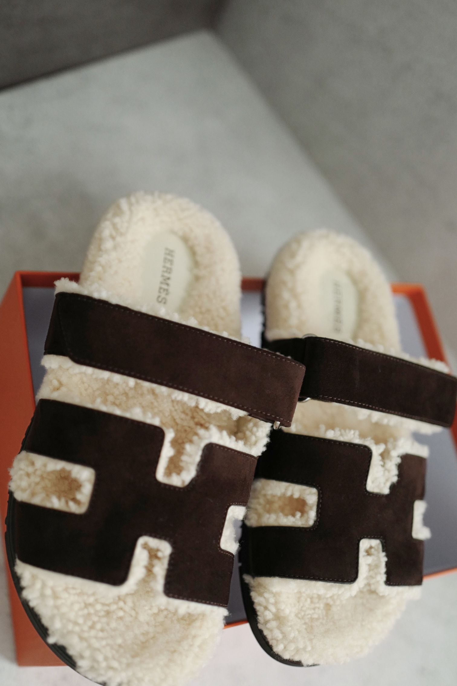 BNIB HERMÈS Chypre Sandals Goat Skin Suede Marron Ébène/Écru Size 38