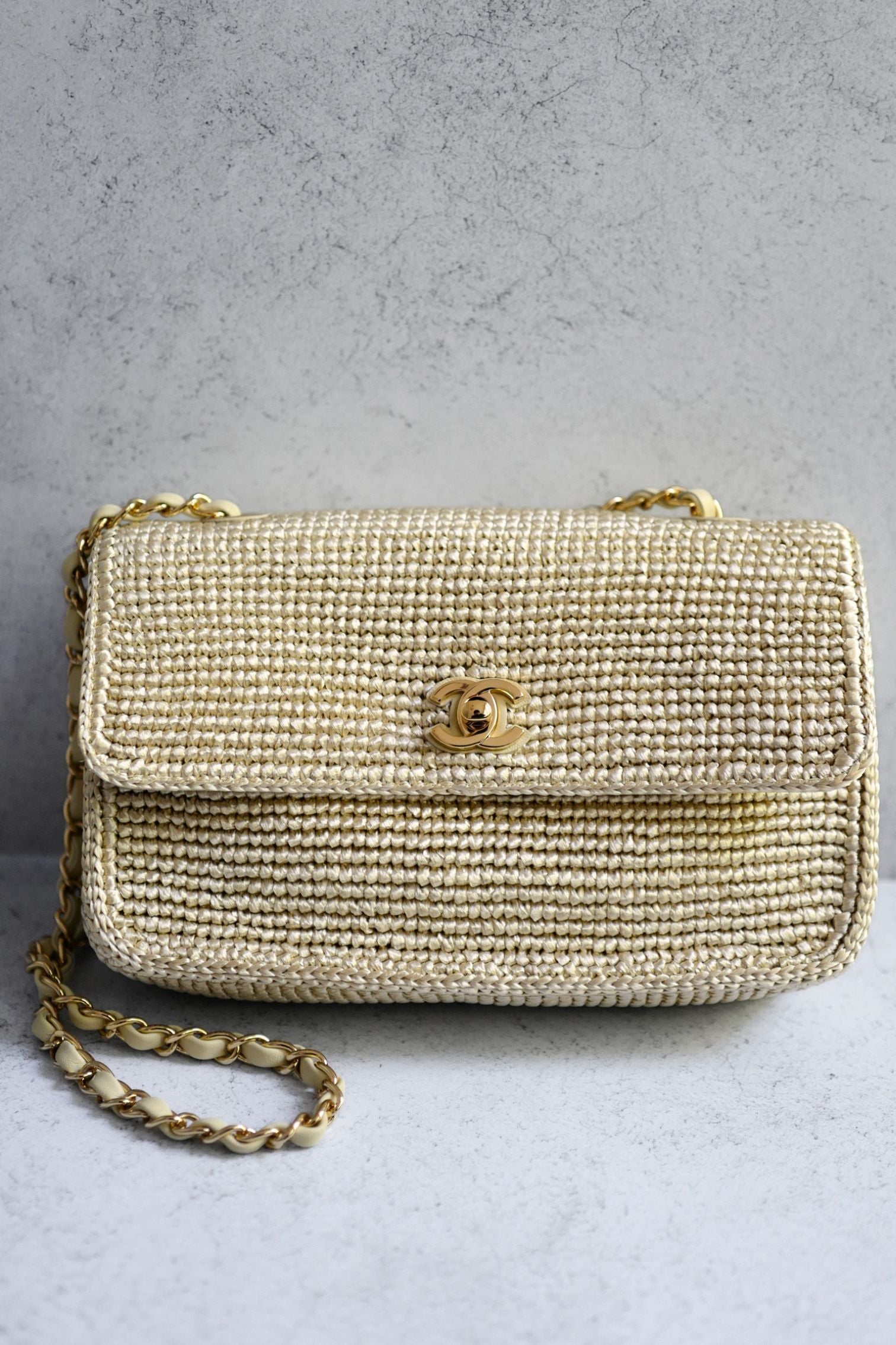 Chanel 26M Coco Beach Small Flap Bag Cream Braided Raffia Gold Hardware