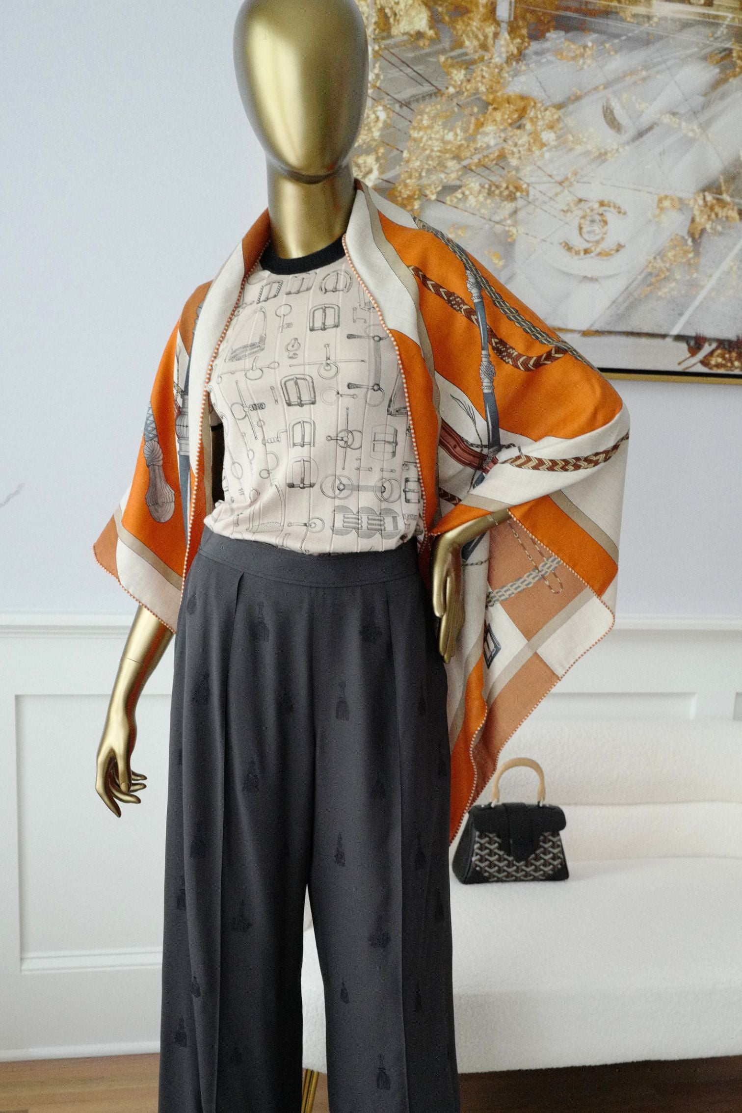 Hermès Clic-Clac Triangle Scarf Orange Cuit /Naturel/Caramel Cashmere Silk