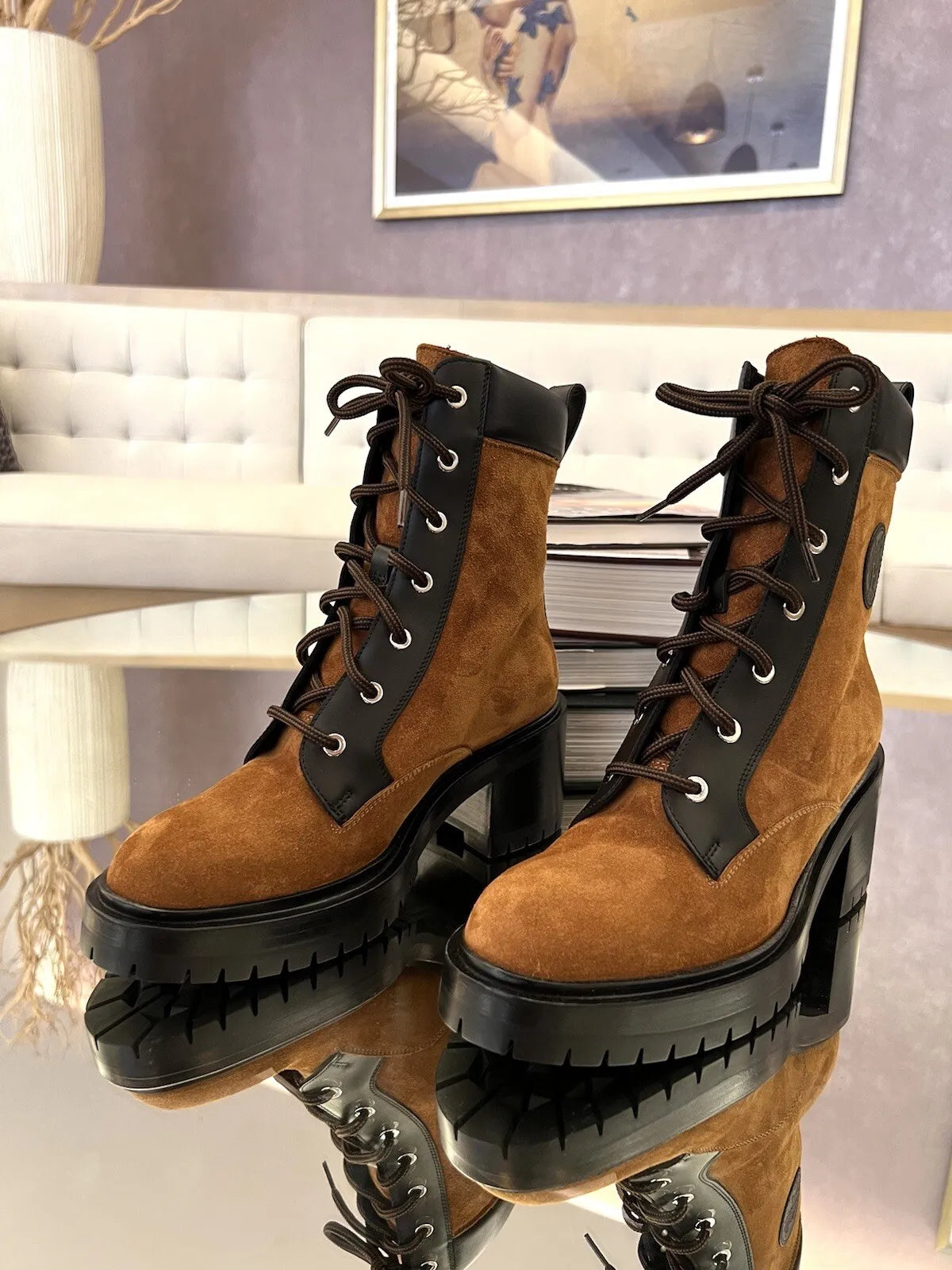 Hermes Bridge Suede Combat Boots Size 37.5 In Brown Over $1800 Retail