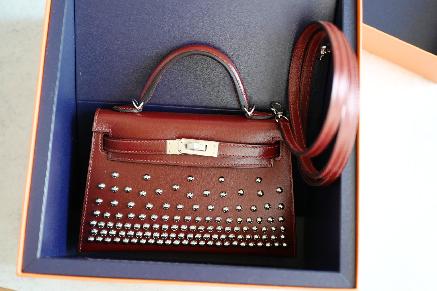 Hermès Kelly 20 Clouté Rouge H Palladium Hardware Stamp K