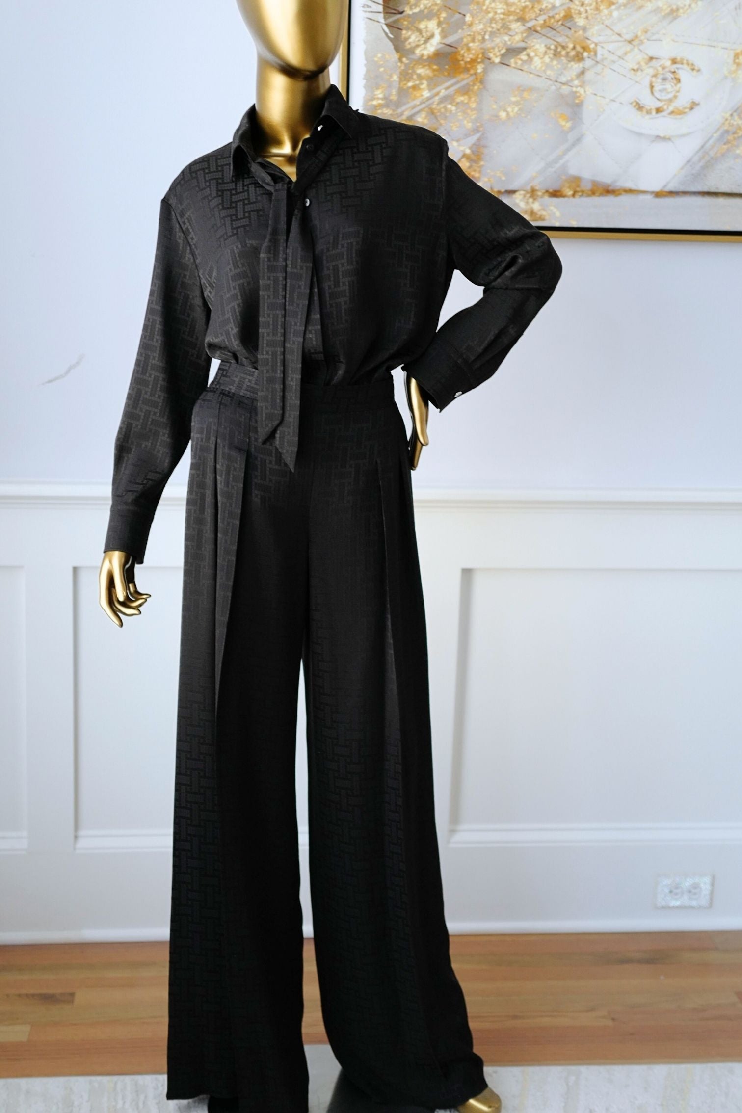 NEW Hermès Mosaïque Silk Jacquard Lavallière Black Masculine Shirt Size 36