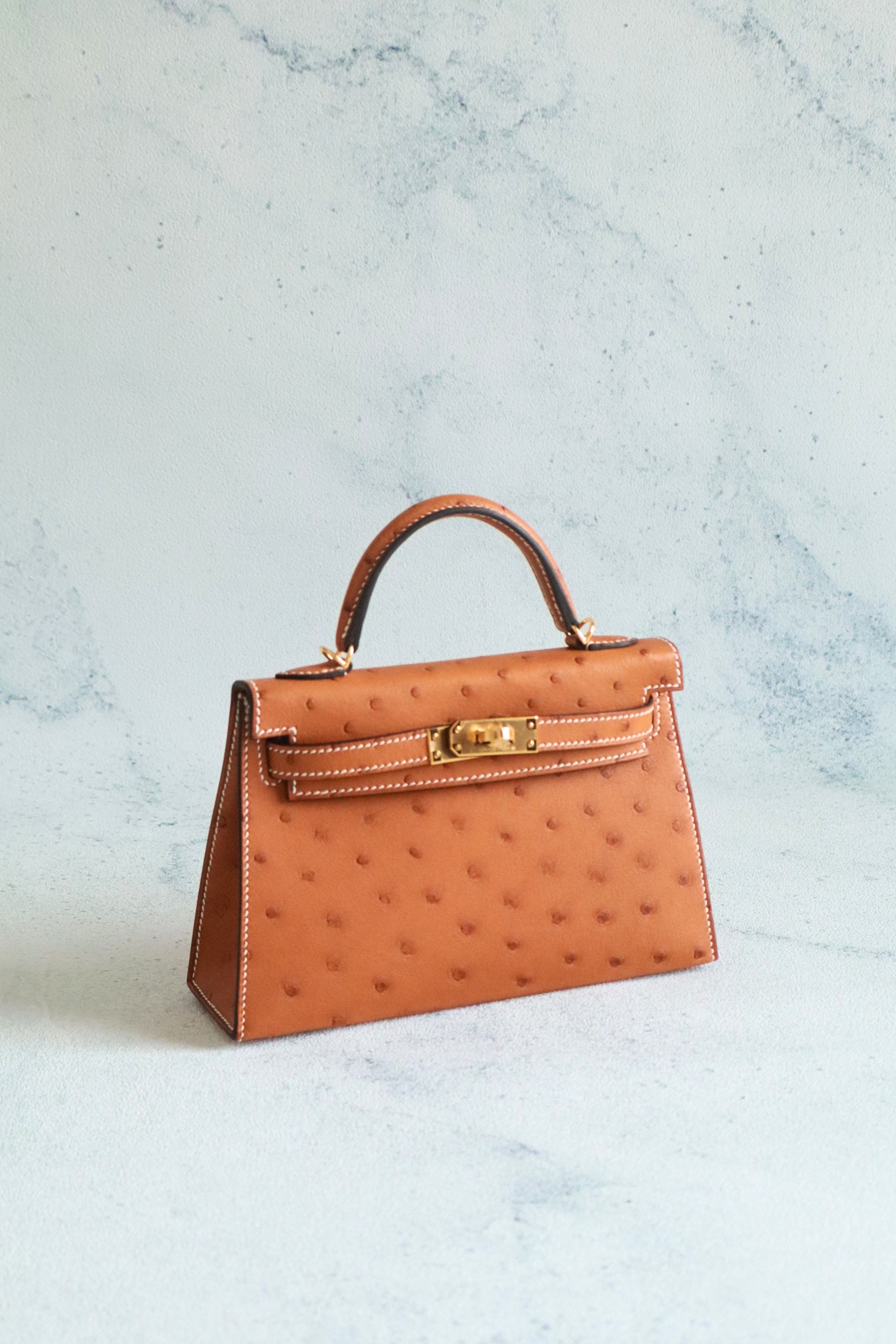BNIB Hermes Mini Kelly HSS Cognac Ostrich with Craie Stitching GHW G Stamp 2026