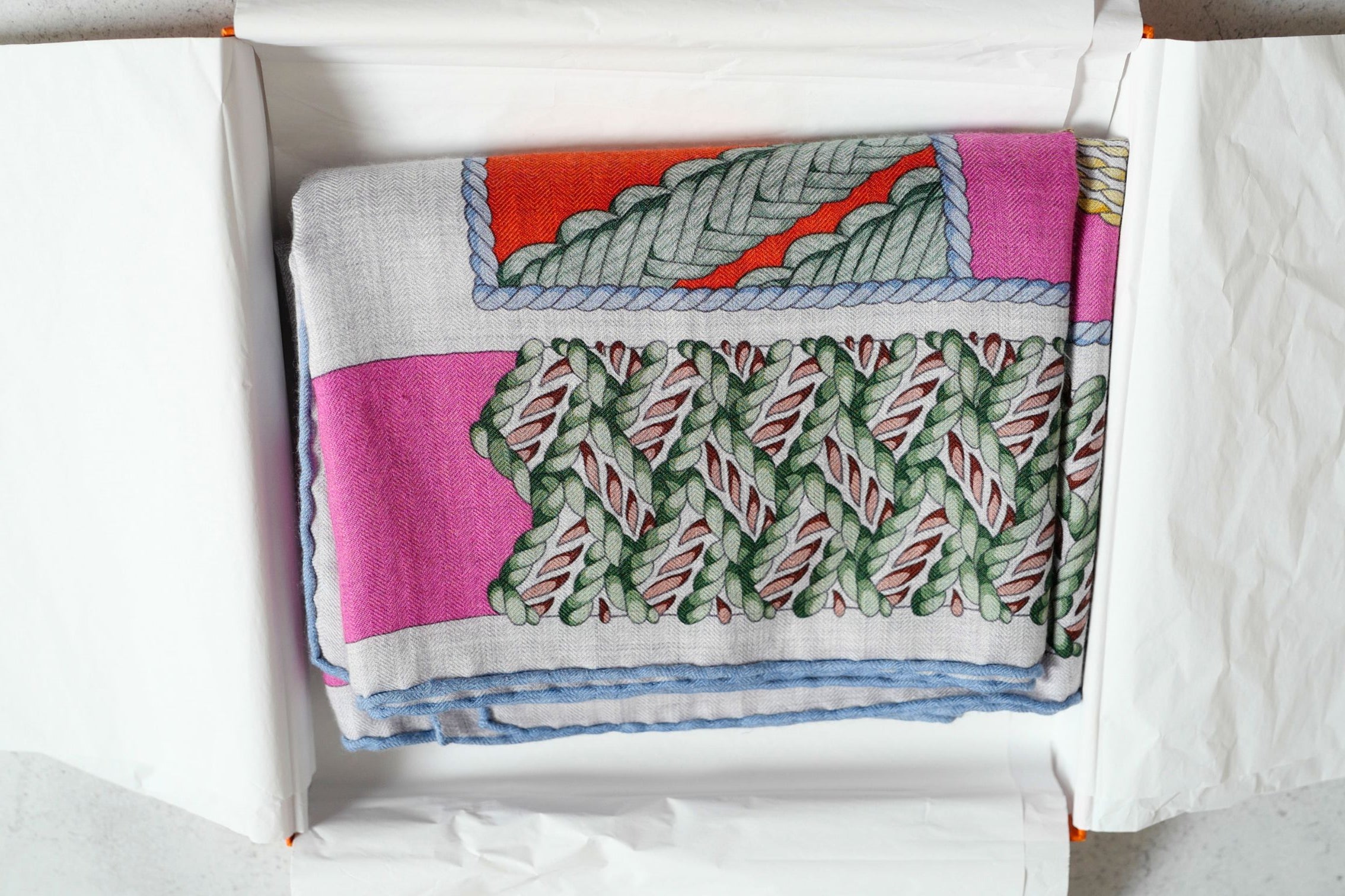Hermès Dressage Tressage Shawl 140 Bleu Ciel/Rose Rouge Cashmere Silk