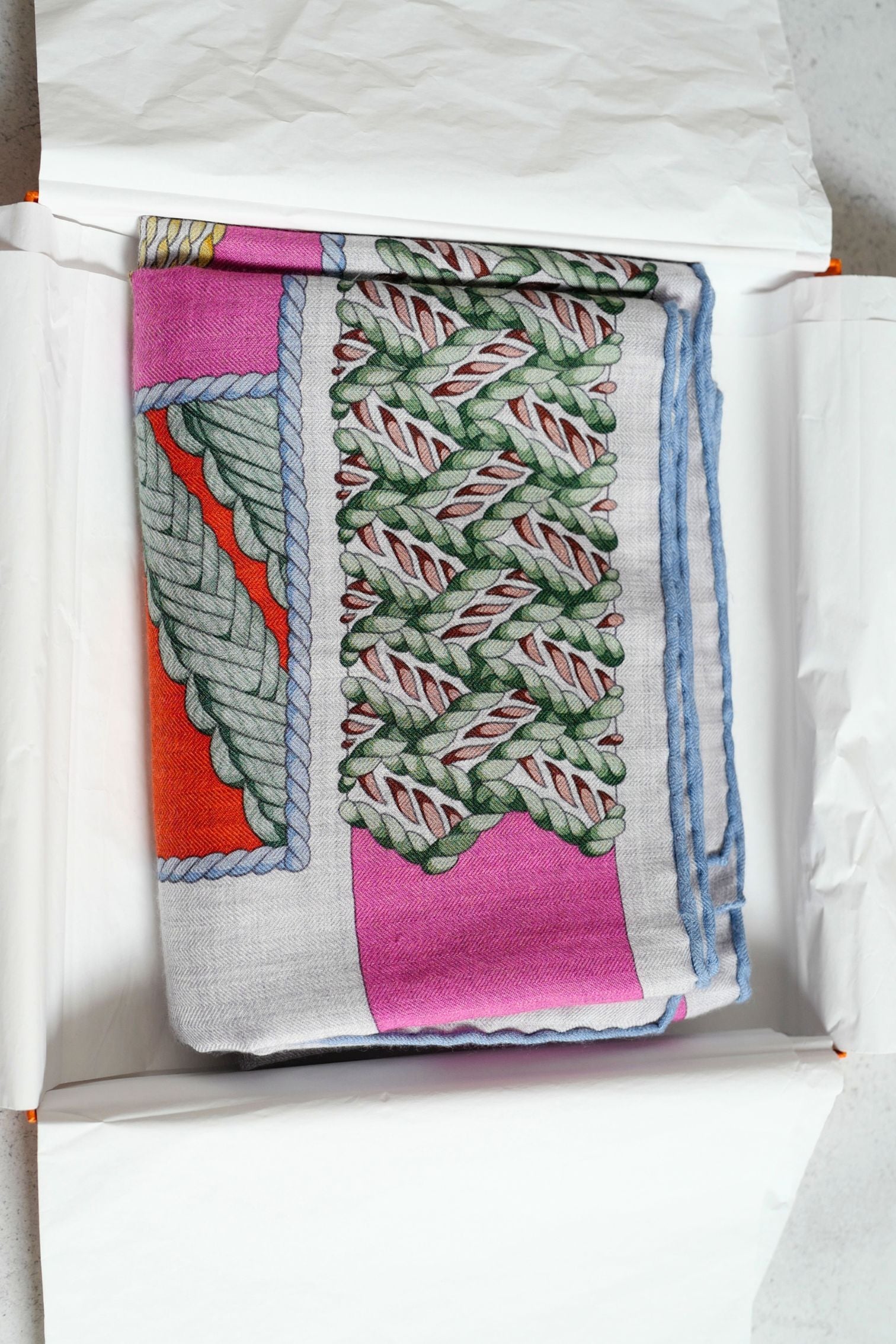Hermès Dressage Tressage Shawl 140 Bleu Ciel/Rose Rouge Cashmere Silk