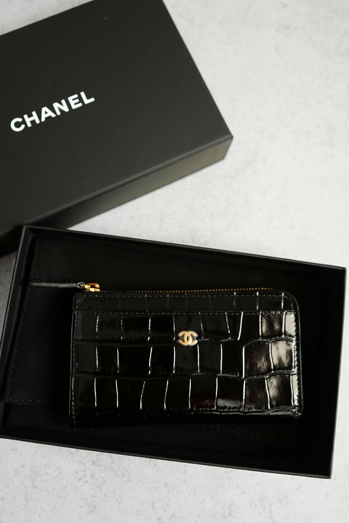 Chanel 26K Matthieu Blazy's Card Holder Croc Embossed Black Calfskin GHW