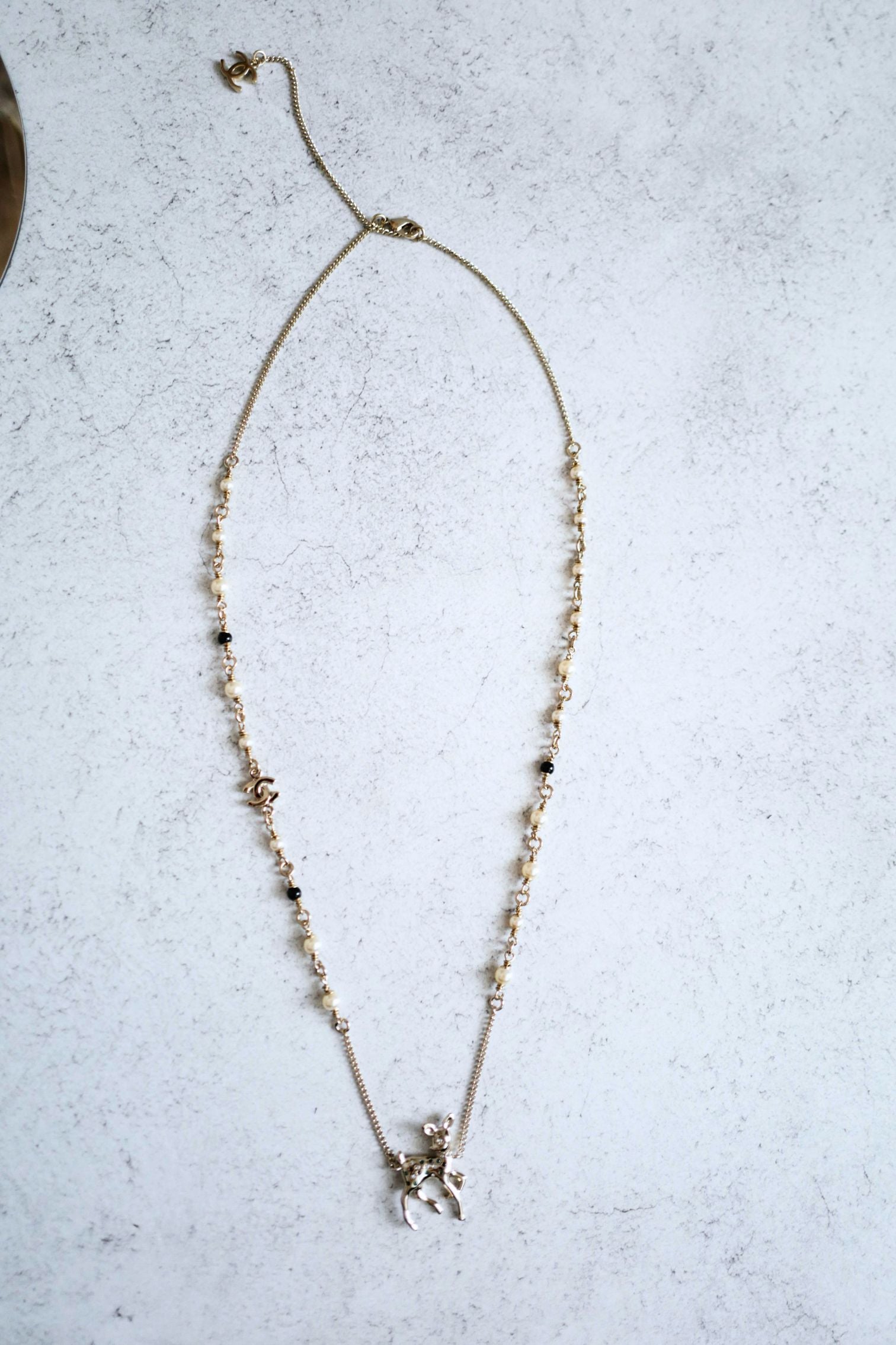 Chanel CC Deer Long Pendant Necklace Gold and Faux Pearl