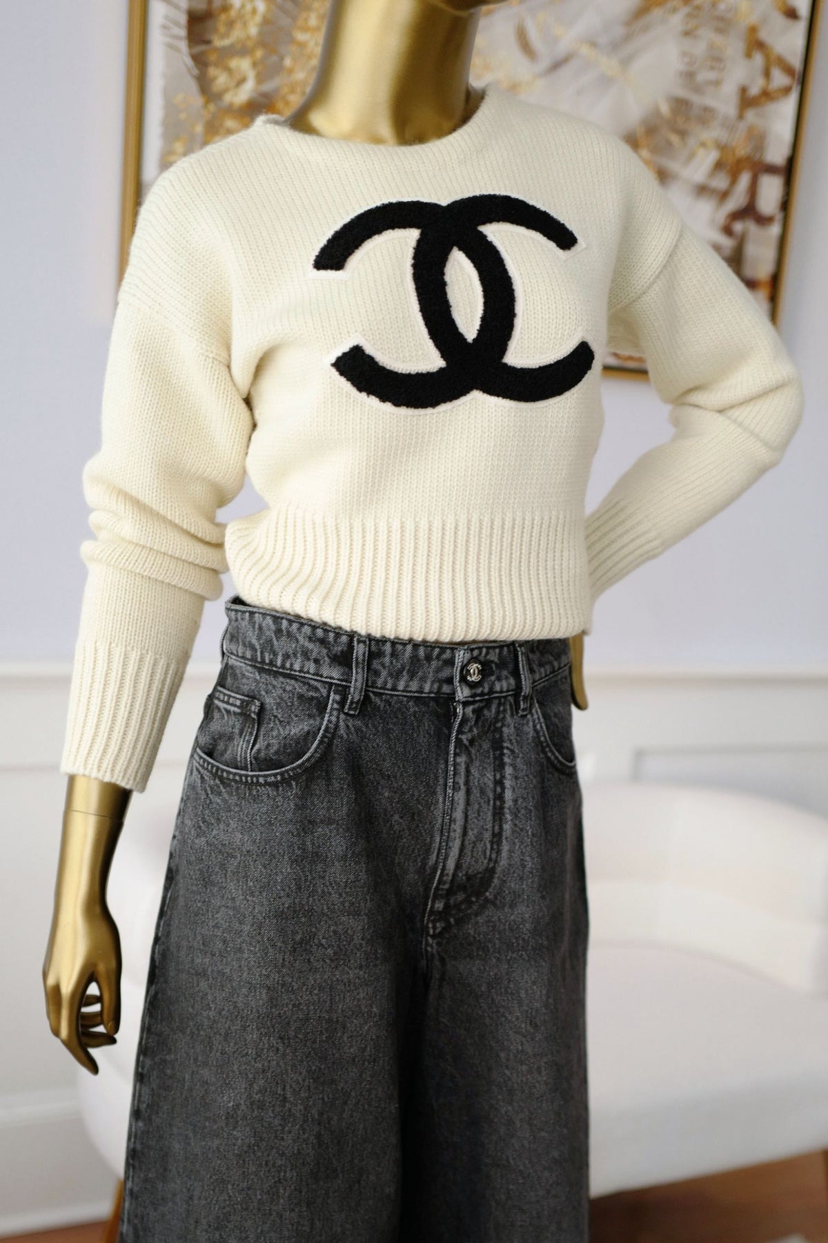 NEW Chanel 26N Pullover Sweater Wool & Cashmere Ecru Black CC Logo Size 36
