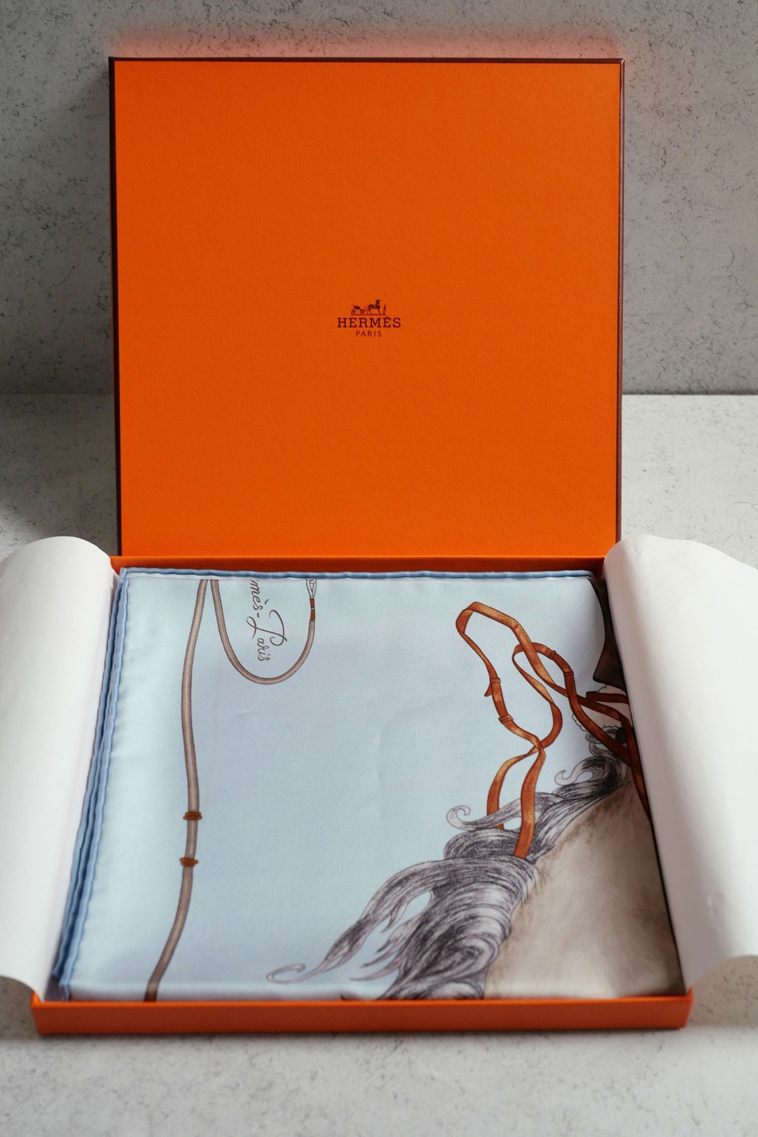 Hermès Grand Galop Scarf 90 Bleu Ciel / Gris / Cuir 100% Silk