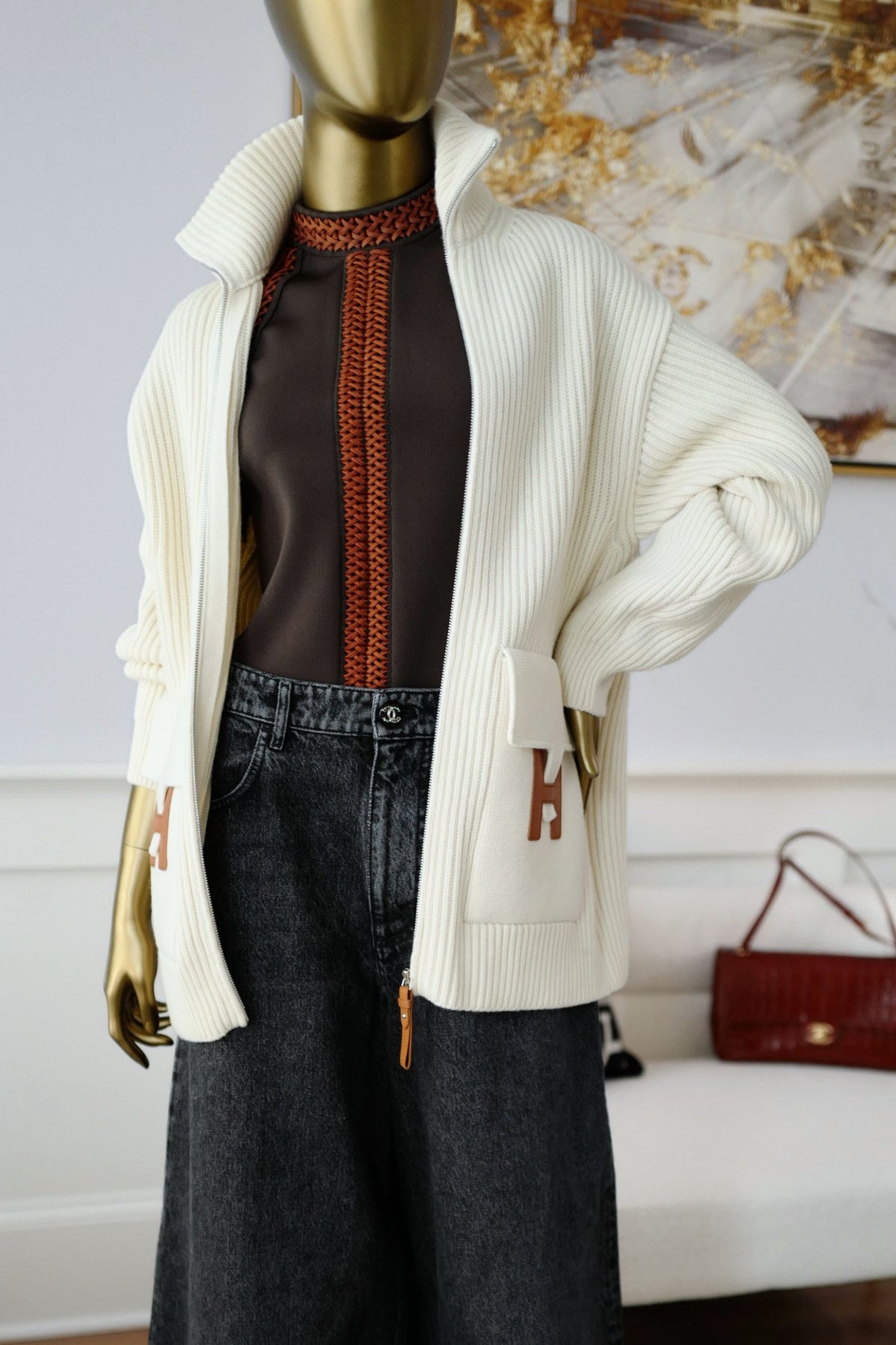 NEW Hermes Blouson Cardigan Blanc Naturel Wool Knit H Leather Pocket Size 34