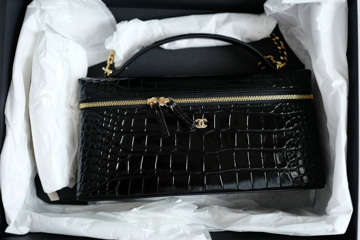 Chanel 26K Matthieu Blazy's Vanity with Chain Croc Embossed Black Calfskin Leather GHW