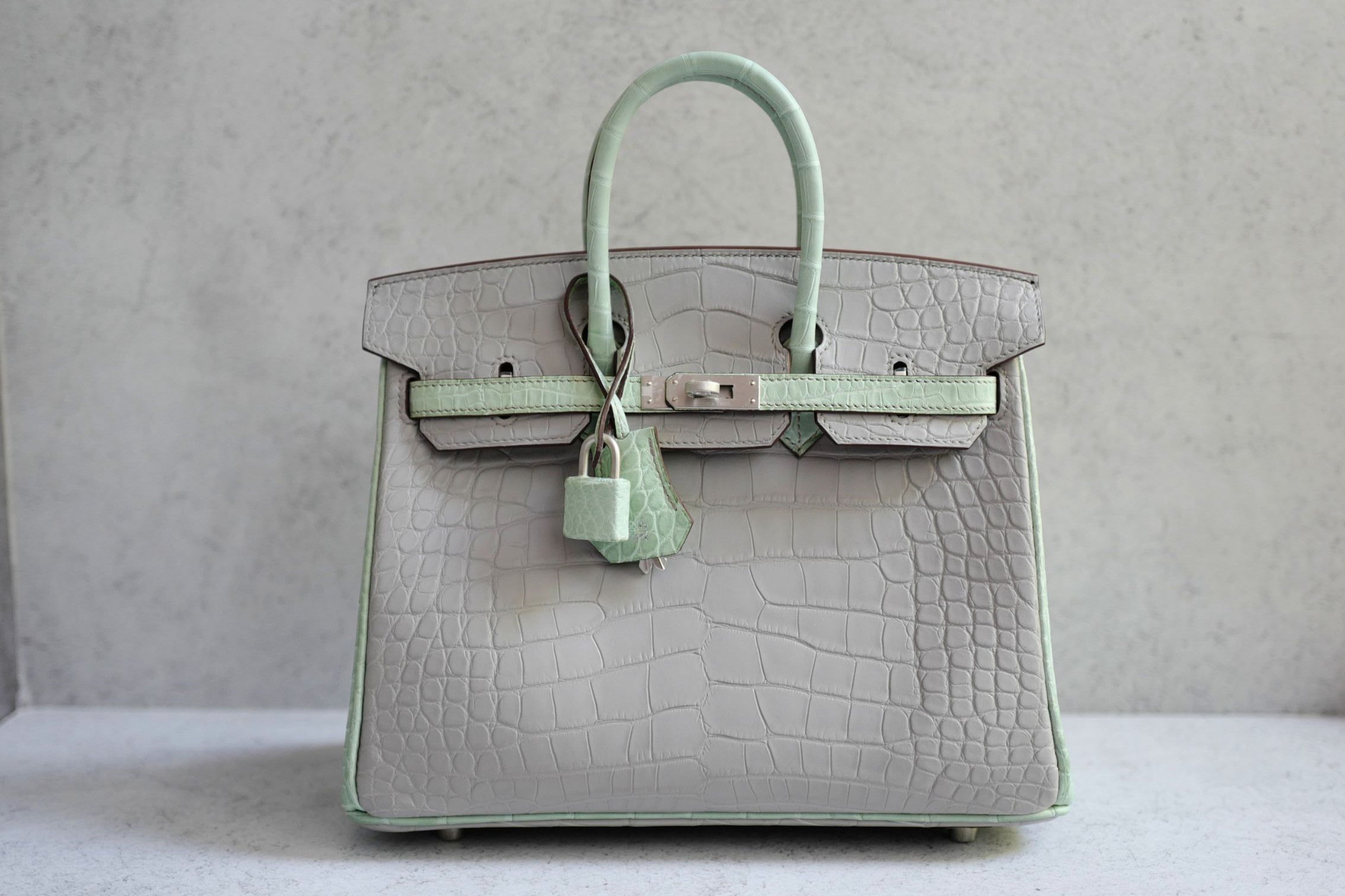 Hermès Birkin 25 HSS Gris Perle Vert D'eau Matte Crocodile Brushed PHW