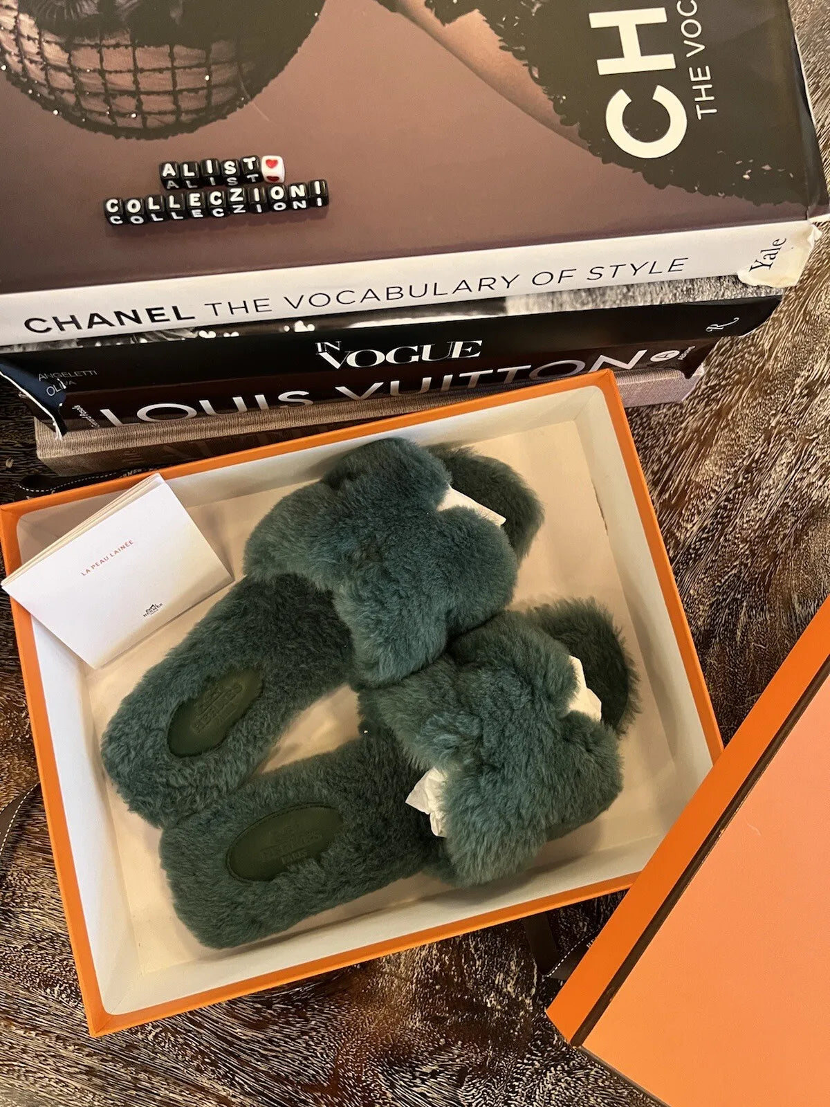 Hermes Oran Vert Anglais Fur Pom Pom Fuzzy Size 37.5 BNIB