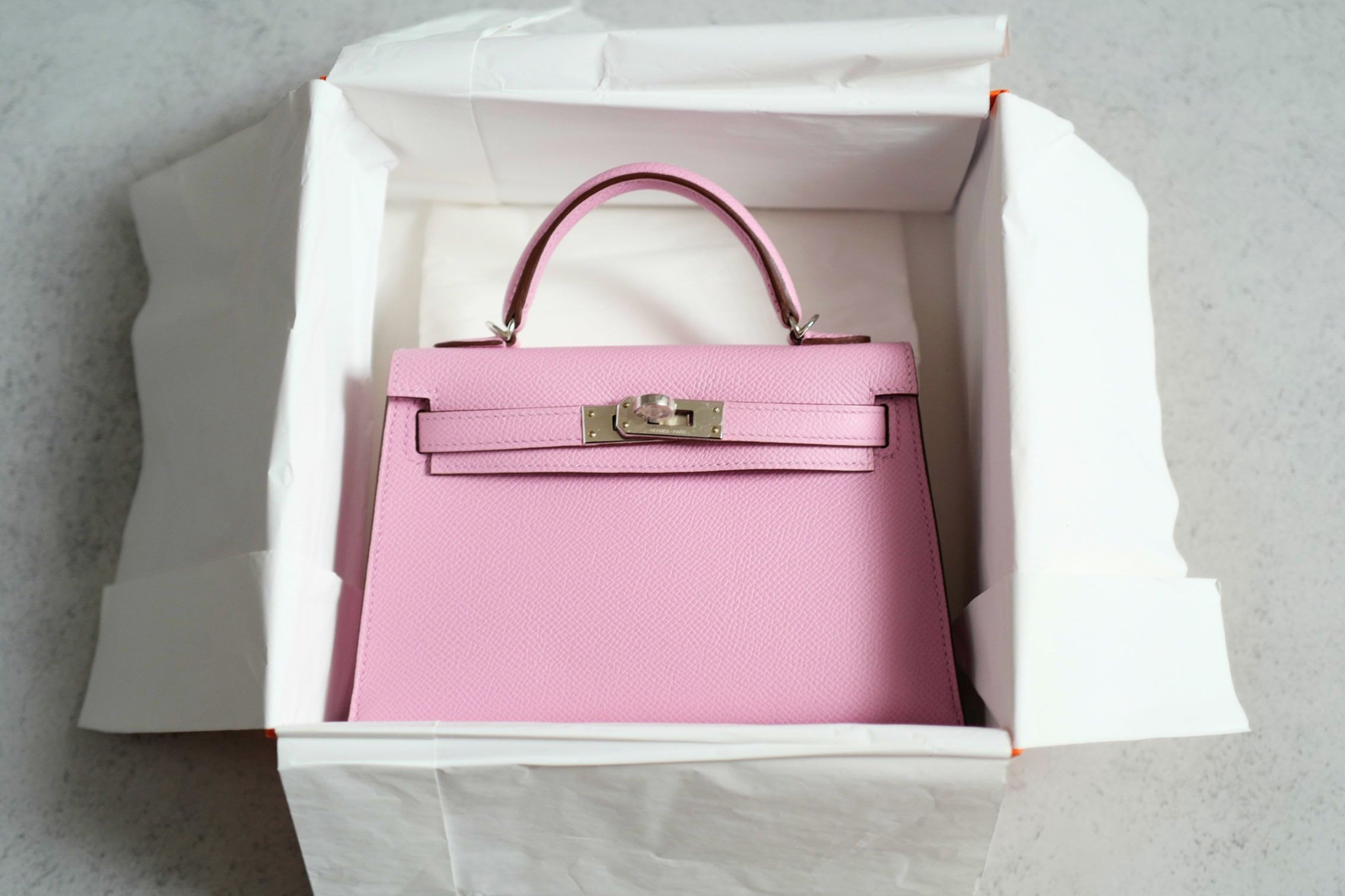 NEW Hermes Mini Kelly Mauve Sylvestre Epsom Leather Palladium Hardware