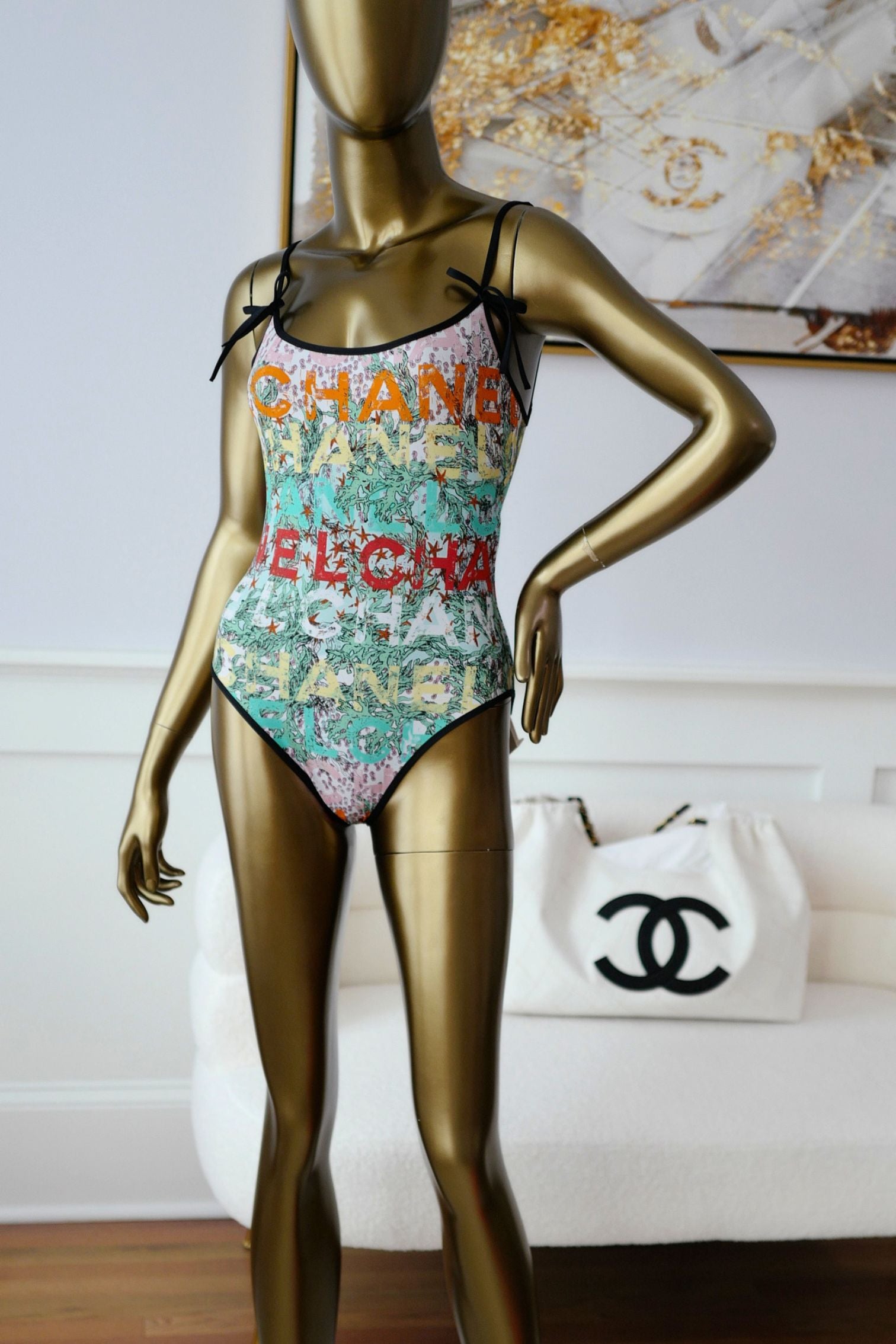 Chanel 26M Coco Beach Swimsuit Multicolor Stretch Jersey Size 36