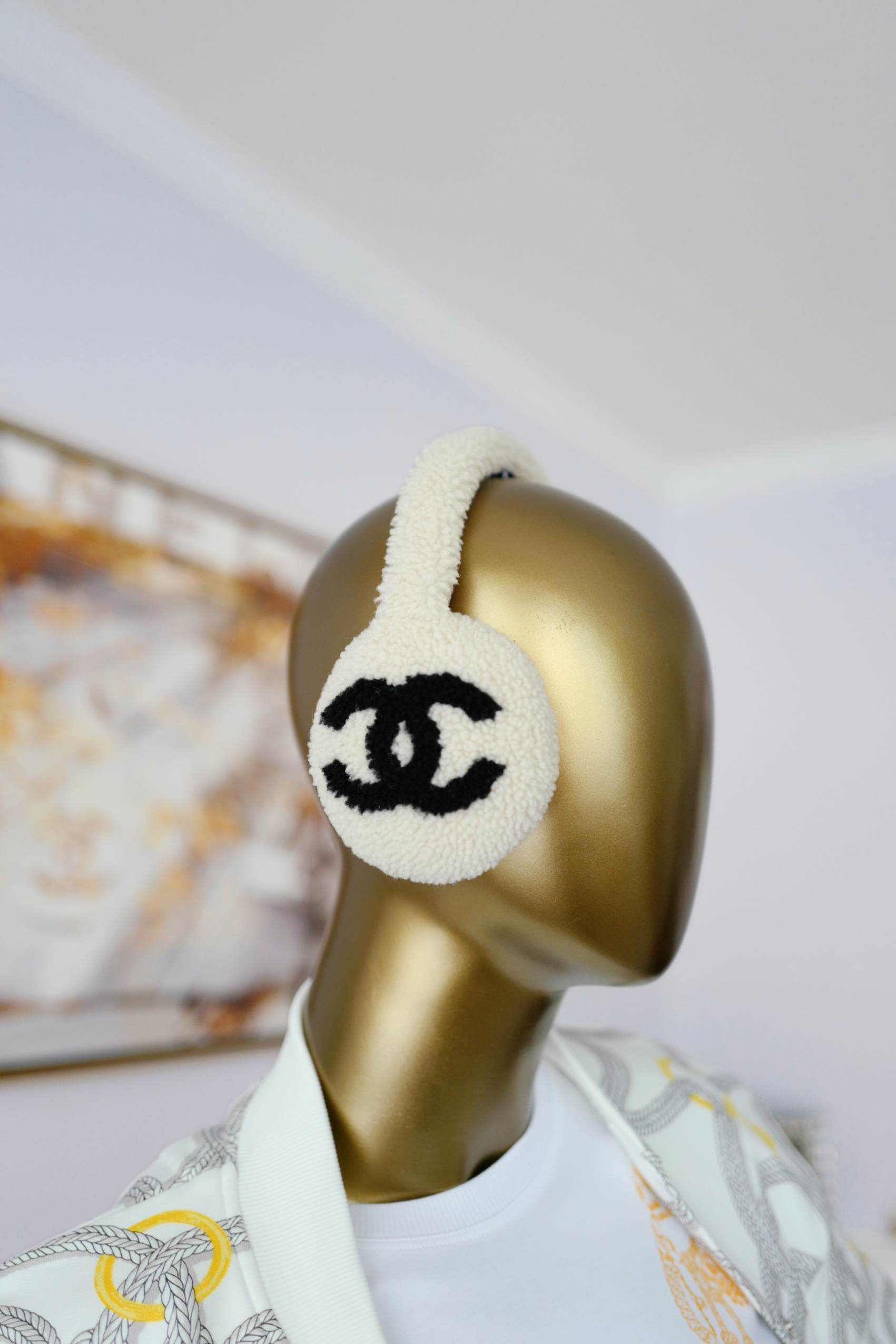 BNIB Chanel CC Earmuffs in Shearling Wool Ecru/Black