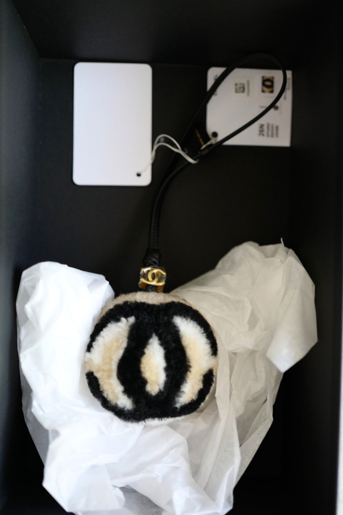 NEW Chanel 26N Coco Neige Mini Ball Bag Charm CC Logo Lambskin Shearling Black Beige