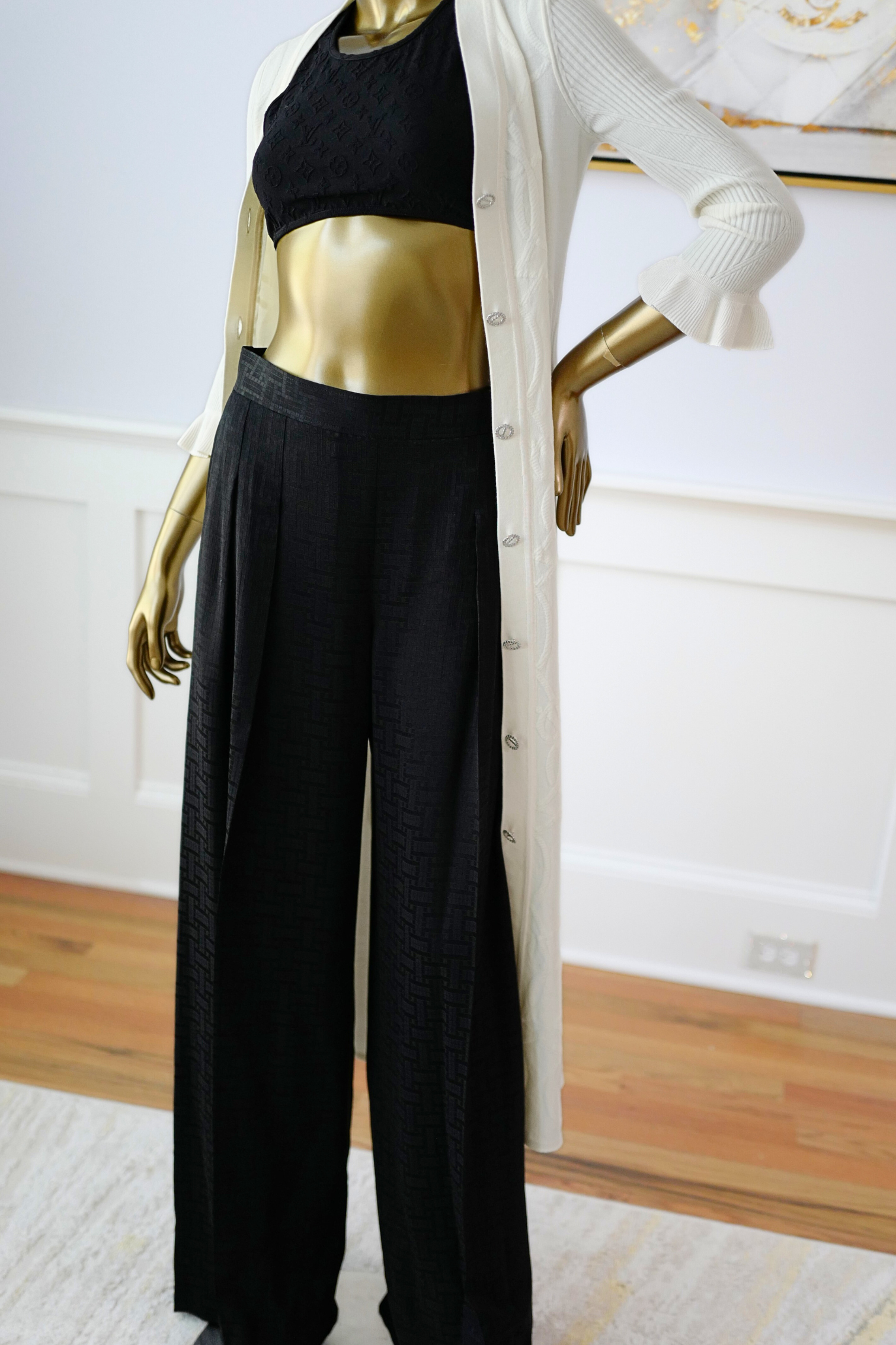 New Hermès Mosaique Wide-Leg Pants Noir Black Size 36