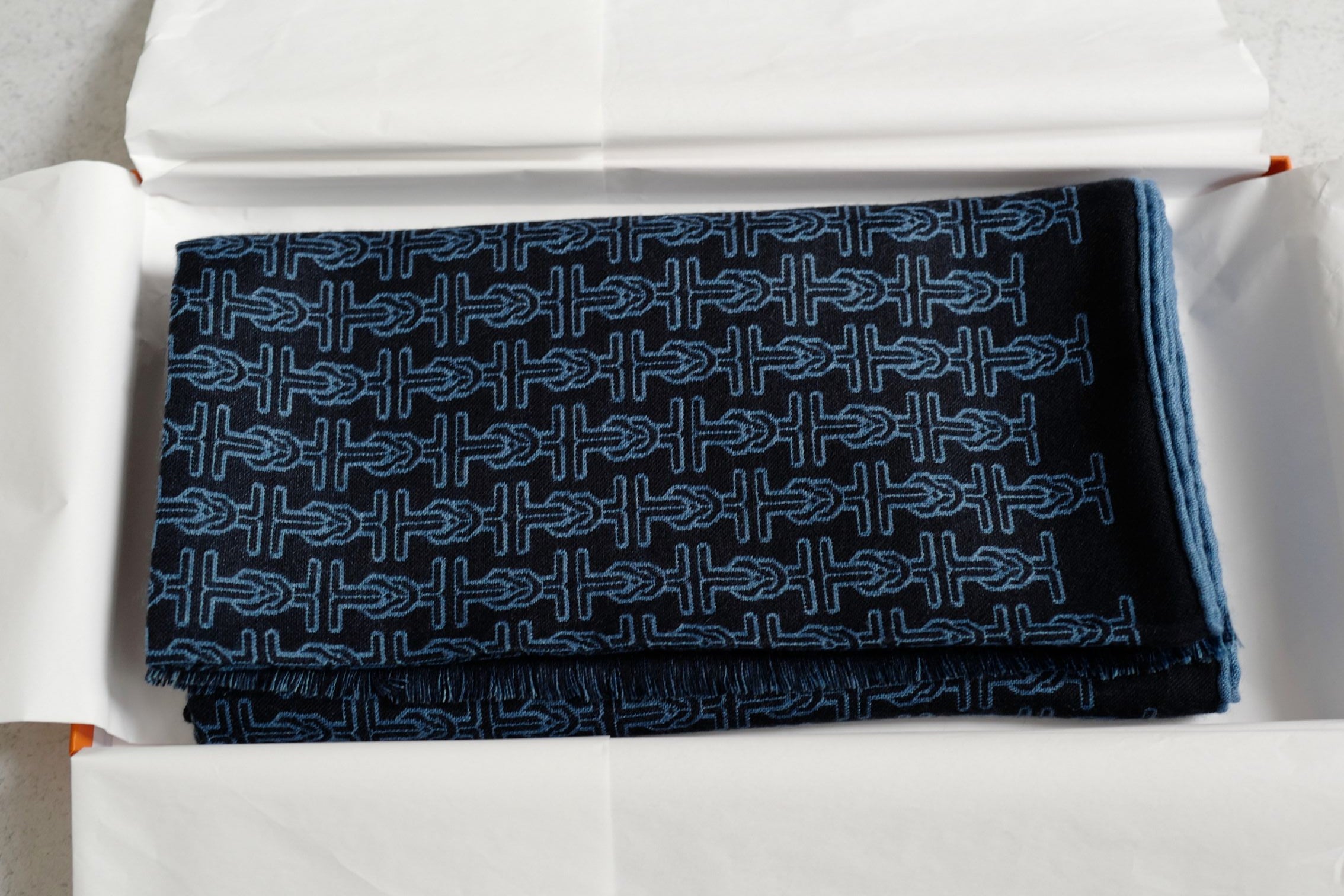 Hermès H Marin Reversible Scarf Cashmere Silk Marine / Bleu Océan