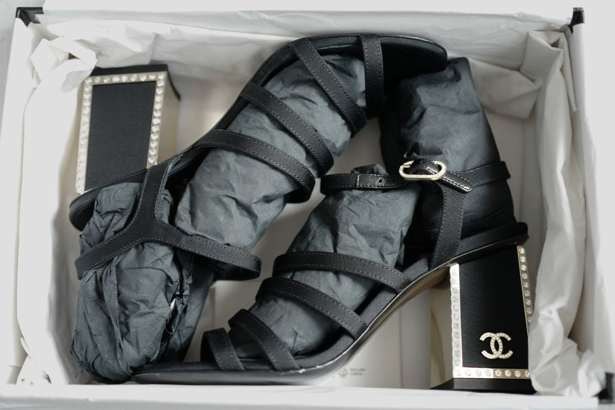 BNIB Chanel 24B Strappy Heels in Black with Crystals Rhinestone Heels size 38