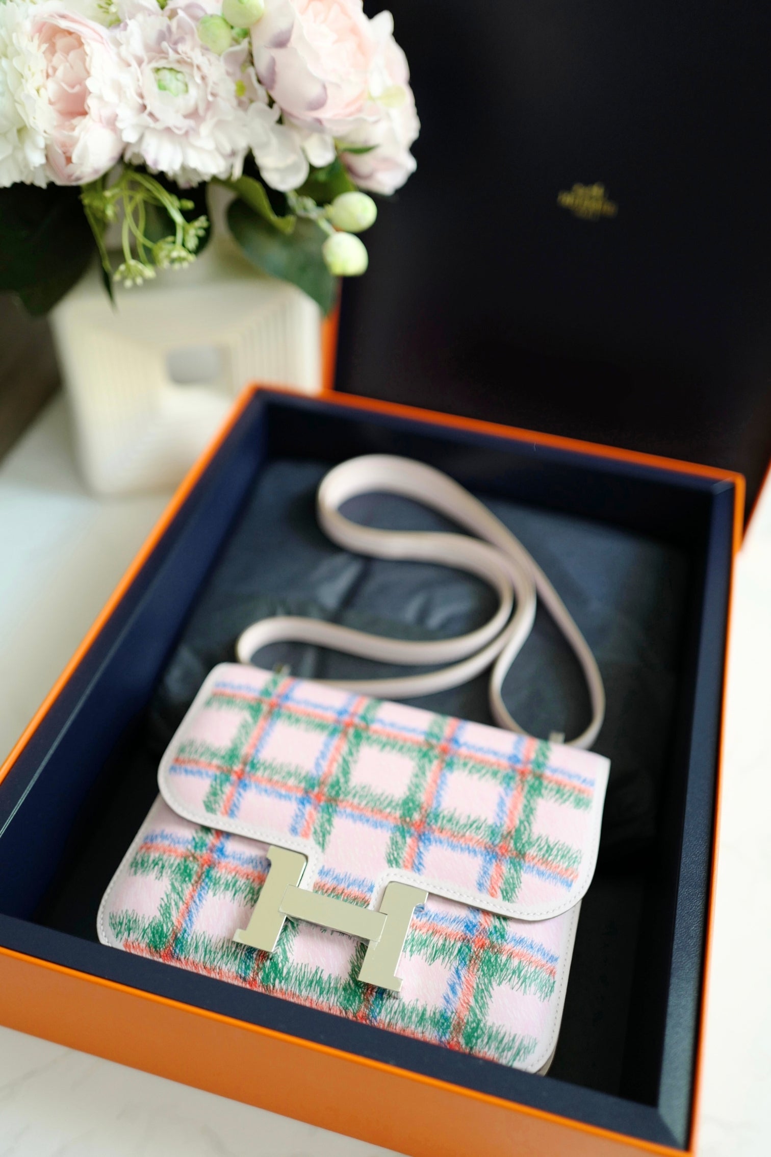 BNIB Hermès Constance 18 Mirror Tartan Pink Leather Shoulder Bag Palladium Hardware