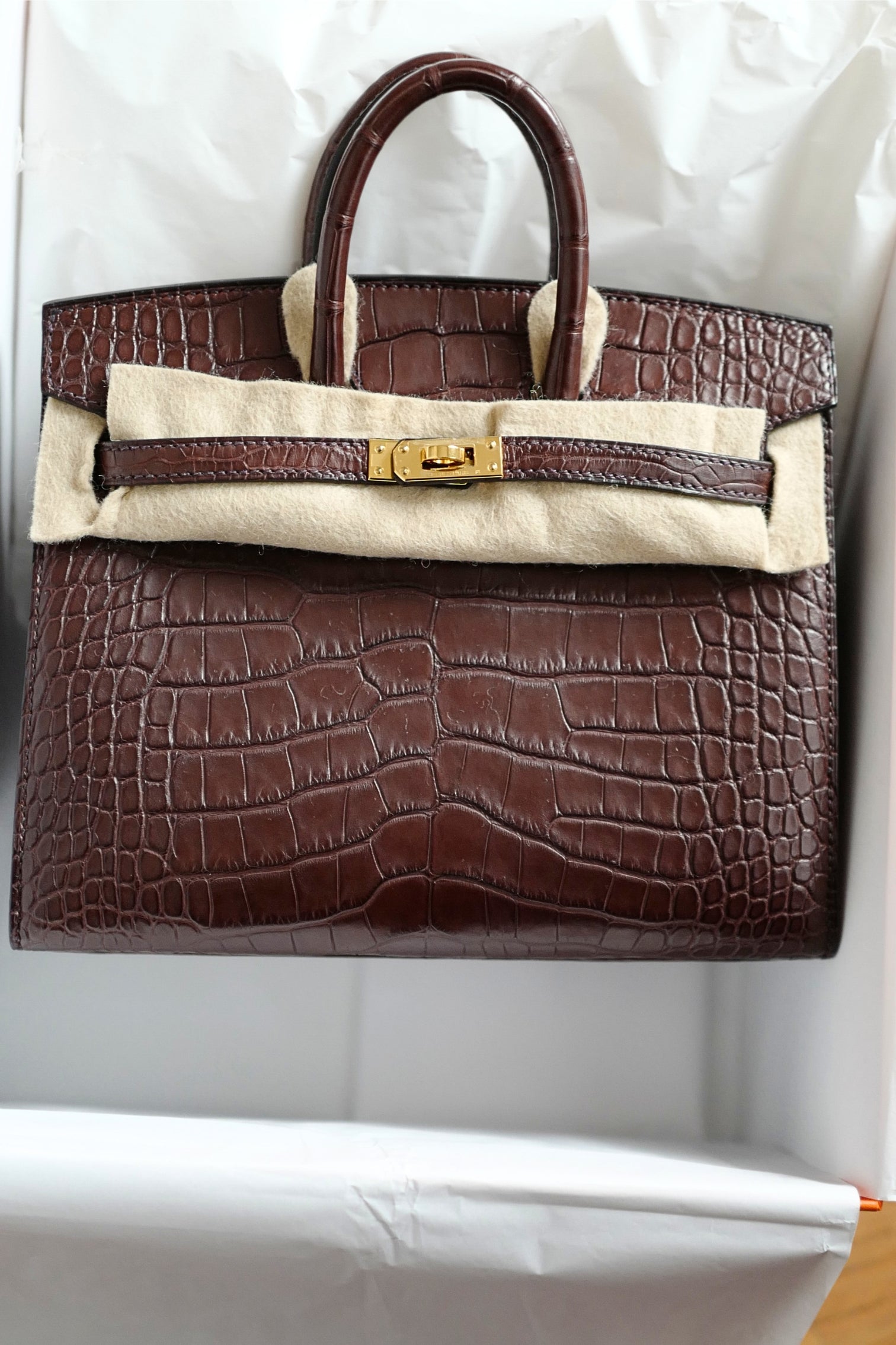 HERMÈS Birkin Sellier 20 Havane Matte Alligator with Gold Hardware