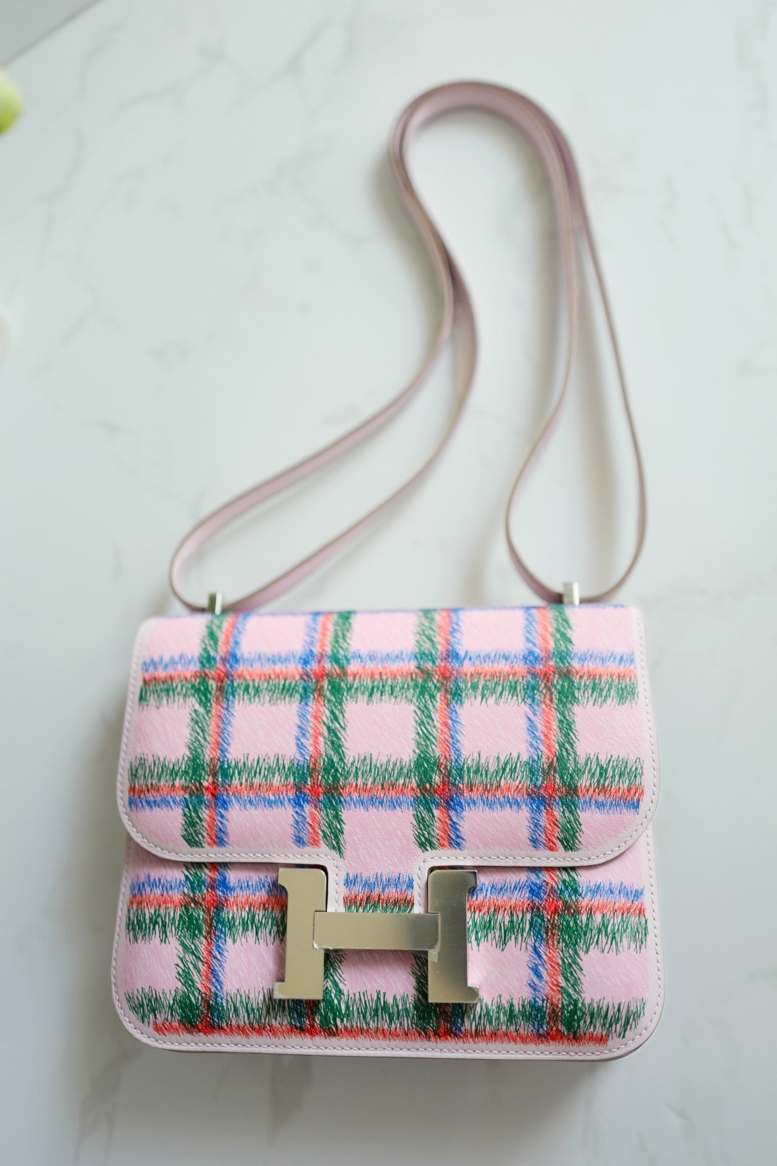 BNIB Hermès Constance 18 Mirror Tartan Pink Leather Shoulder Bag Palladium Hardware