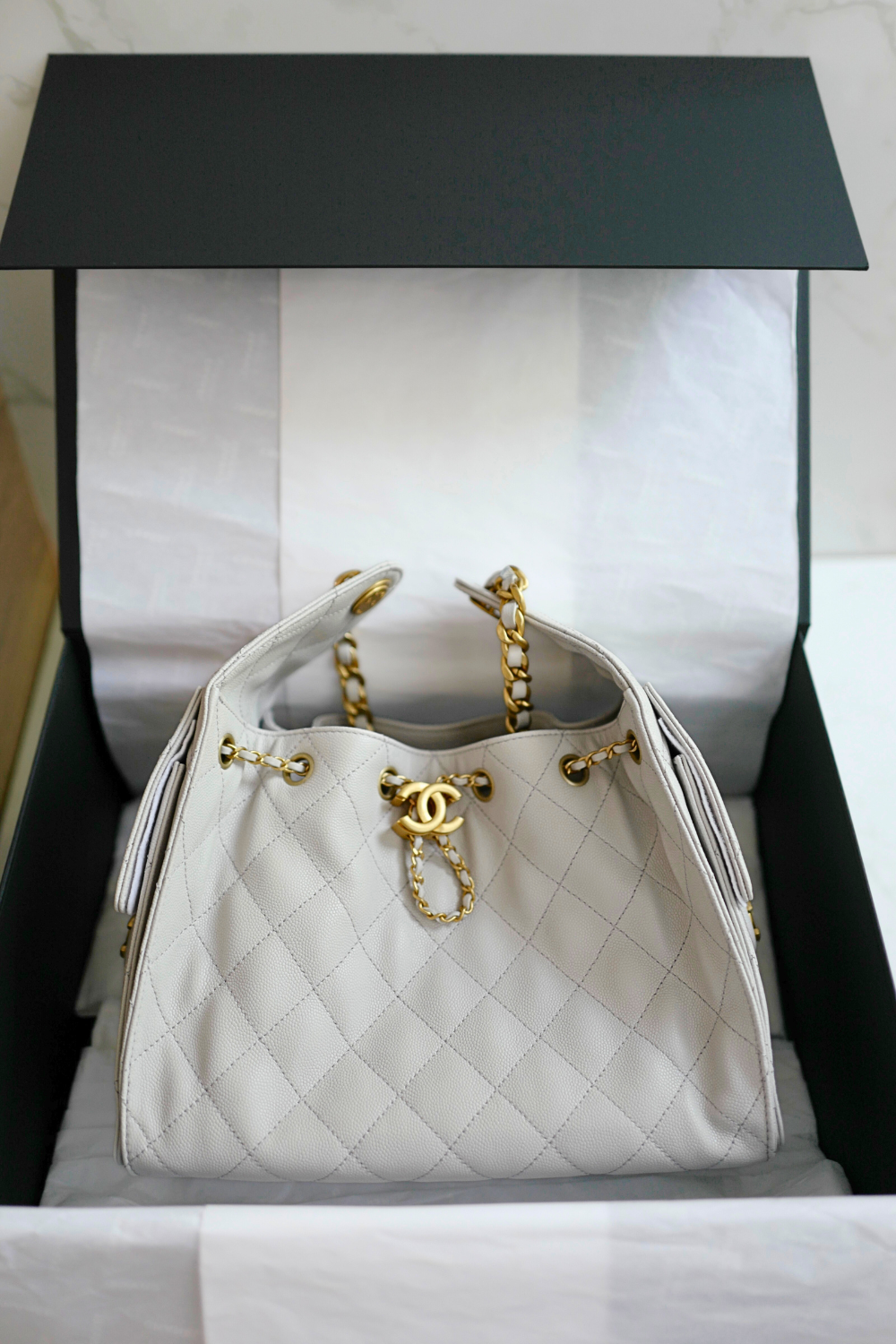 NEW CHANEL 2025 25B Small Hobo Bag Grained Calfskin Pale Grey