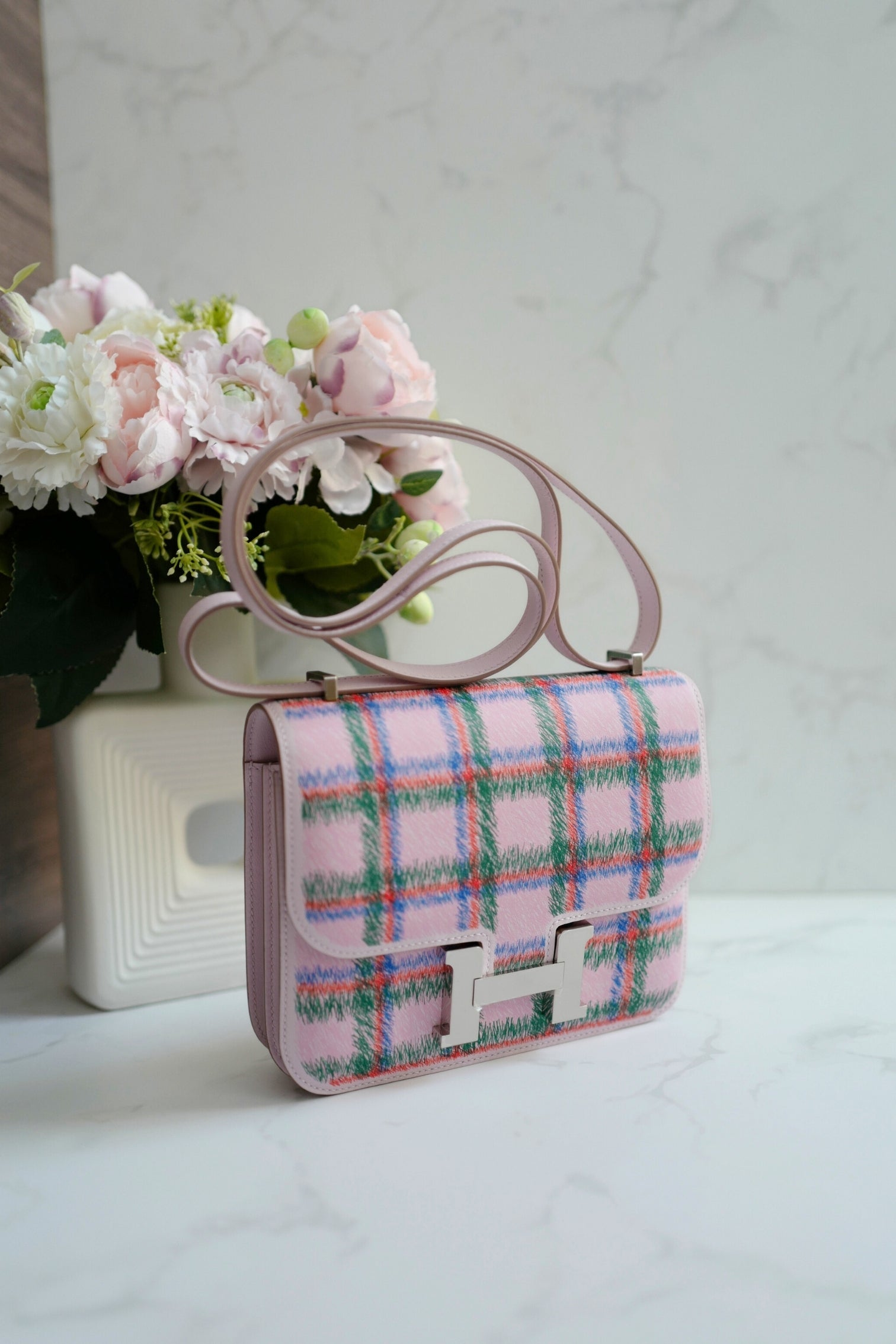 BNIB Hermès Constance 18 Mirror Tartan Pink Leather Shoulder Bag Palladium Hardware