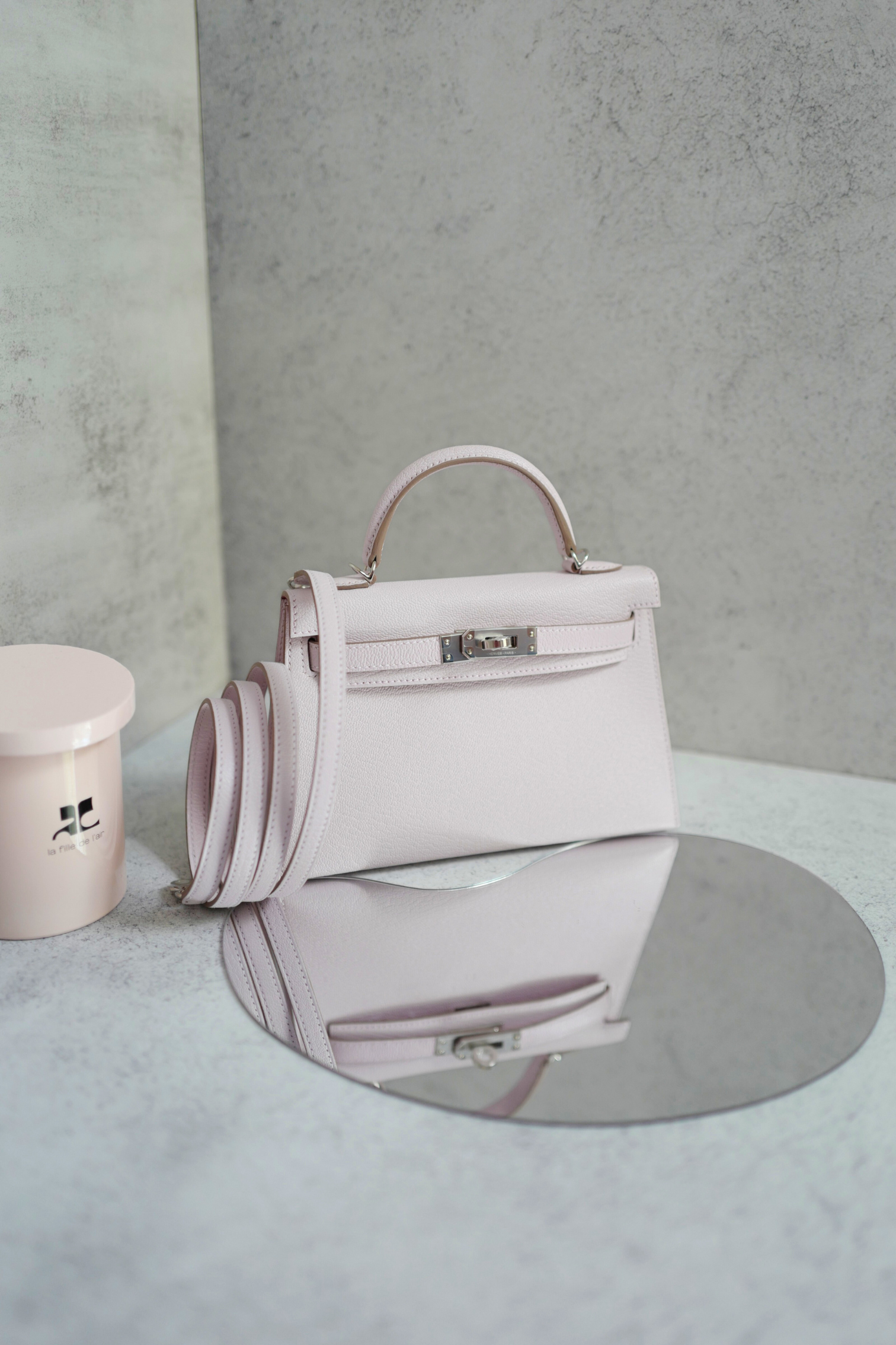 BNIB HERMÈS Mini Kelly 20 HSS Mauve Pale / Rose Mexico Chevre PHW W Stamp