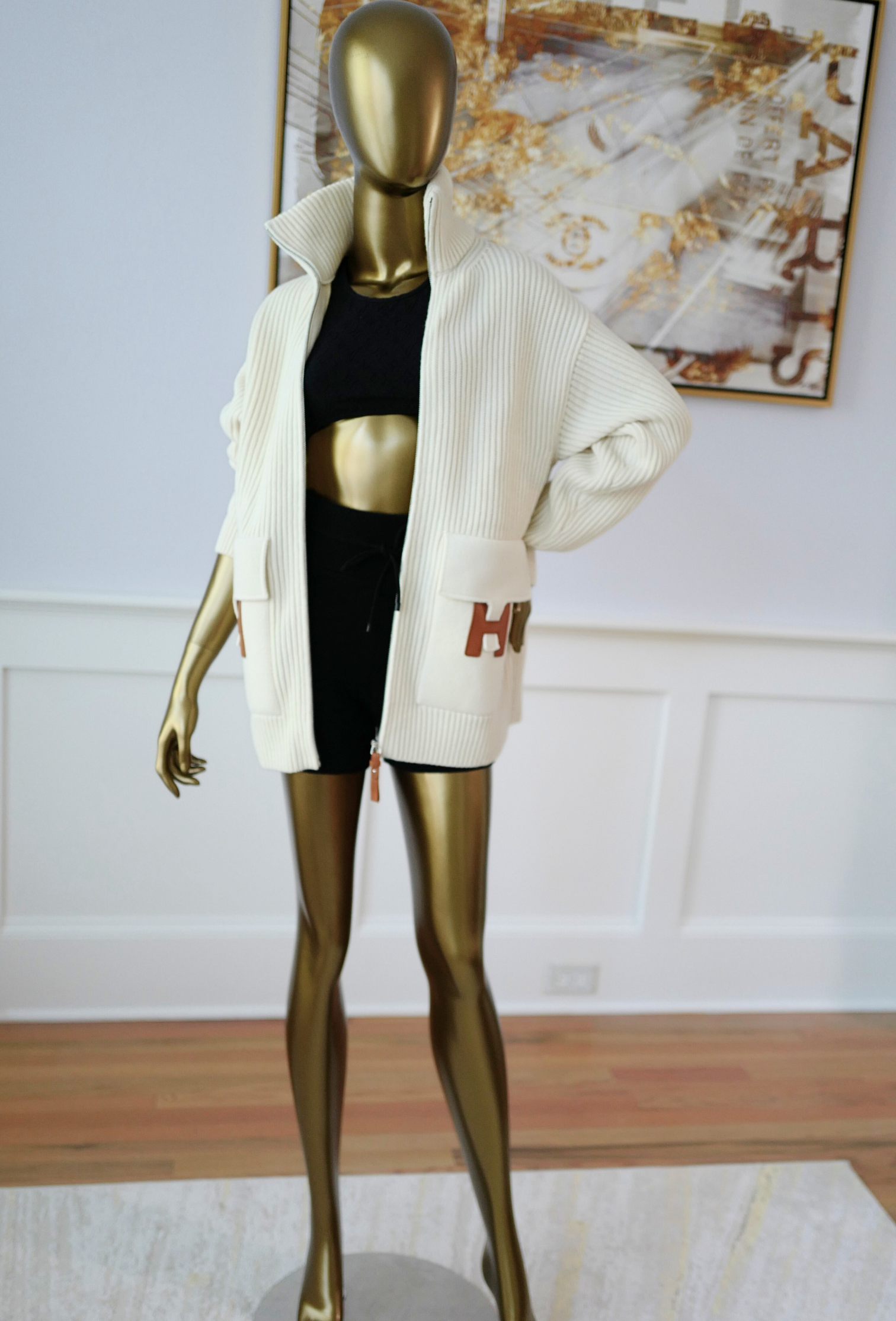 New Hermes Blouson Details Cuir cardigan Virgin Wool size 34