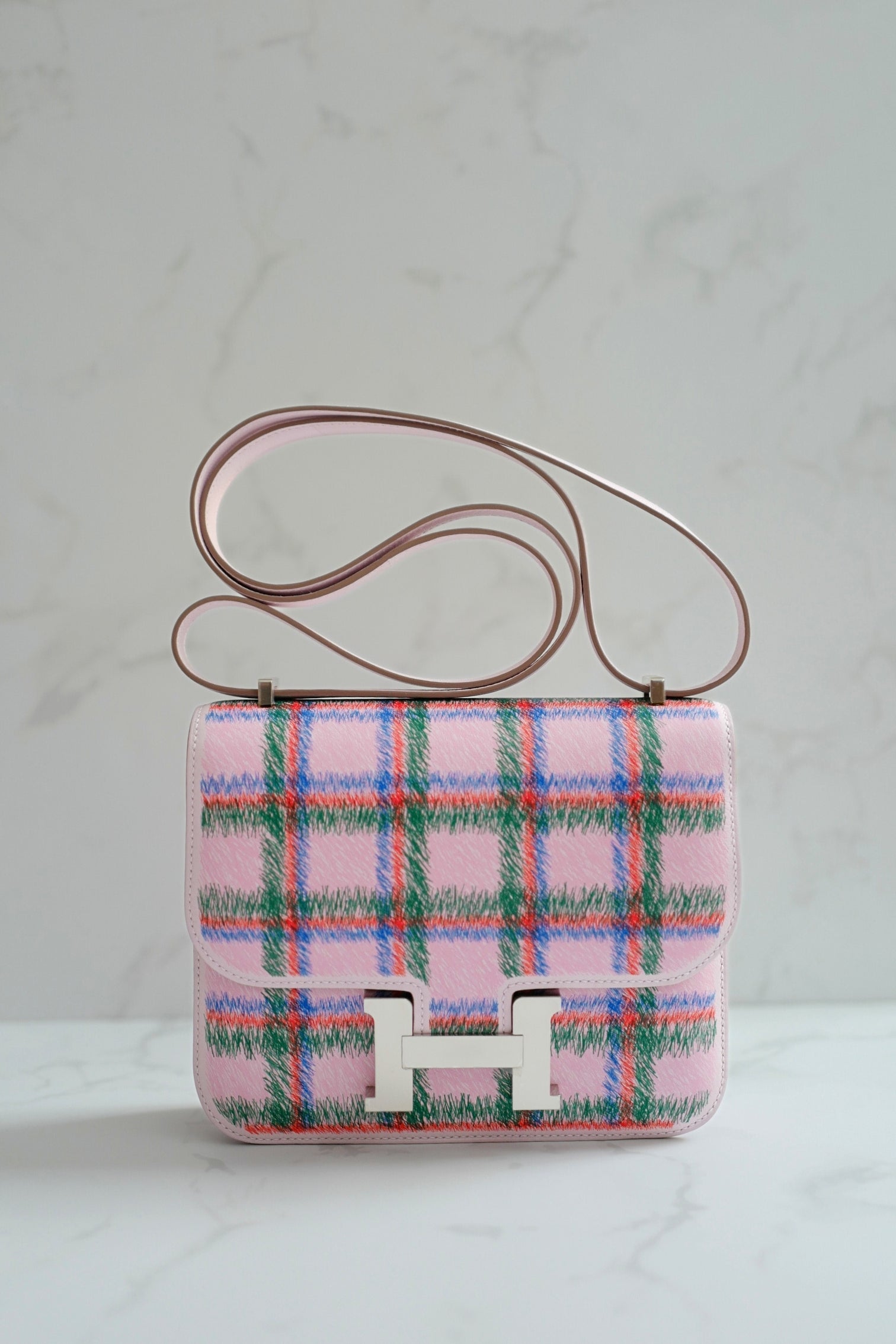 BNIB Hermès Constance 18 Mirror Tartan Pink Leather Shoulder Bag Palladium Hardware