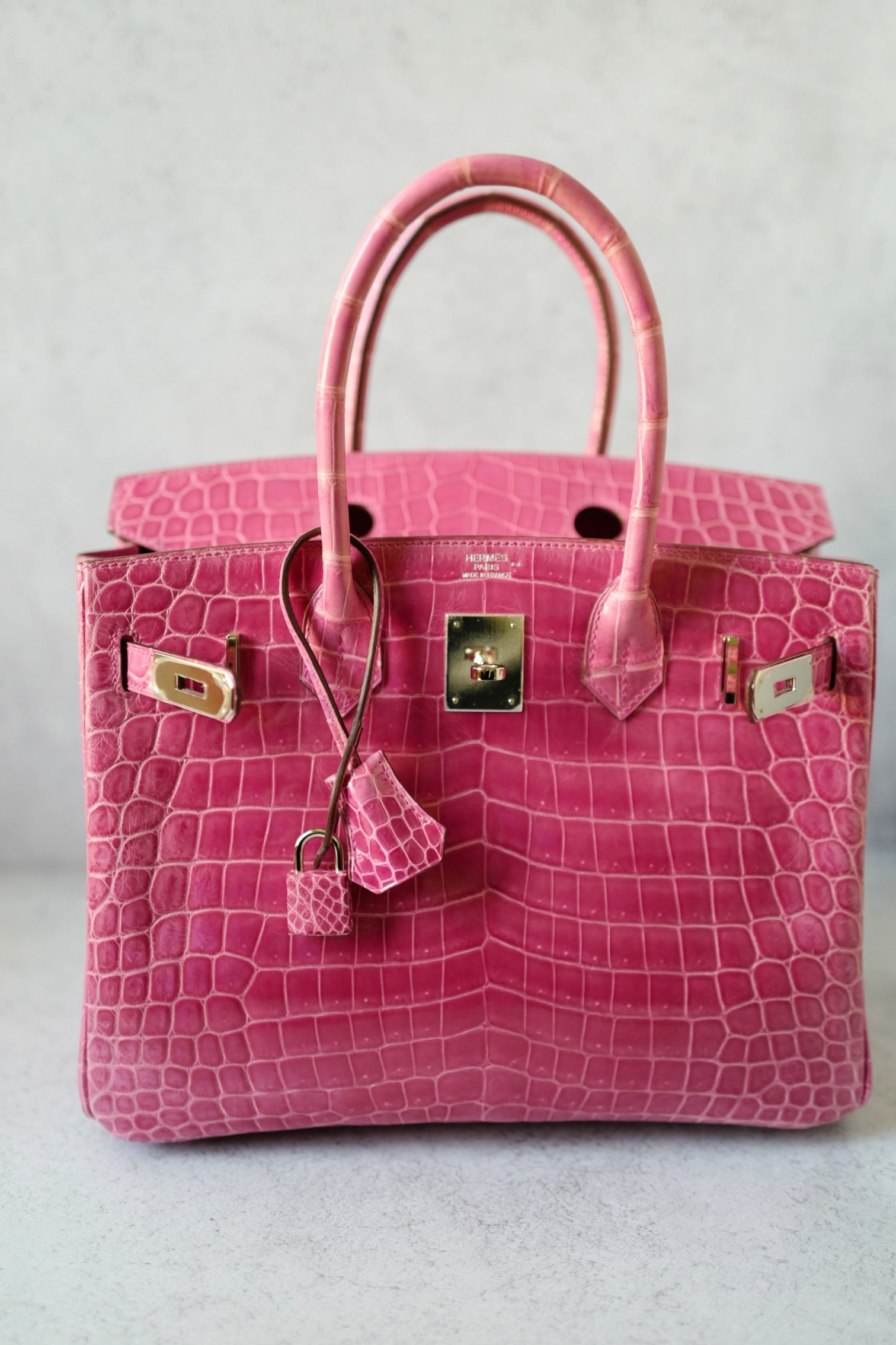 Hermes Birkin 30 Rose Pink Tyrien Shiny Niloticus P Stamp 2012 PHW Complete