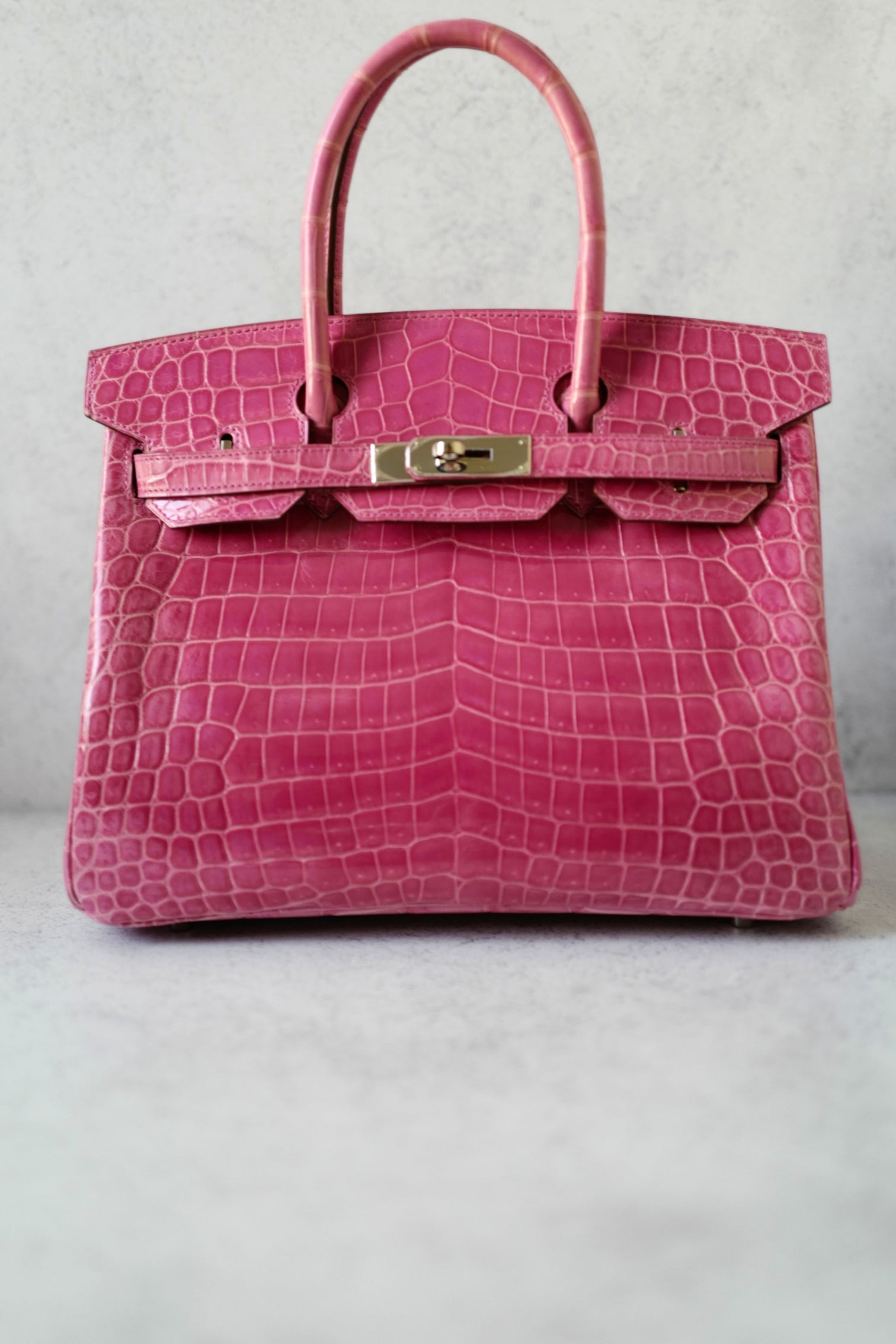 Hermes Birkin 30 Rose Pink Tyrien Shiny Niloticus P Stamp 2012 PHW Complete