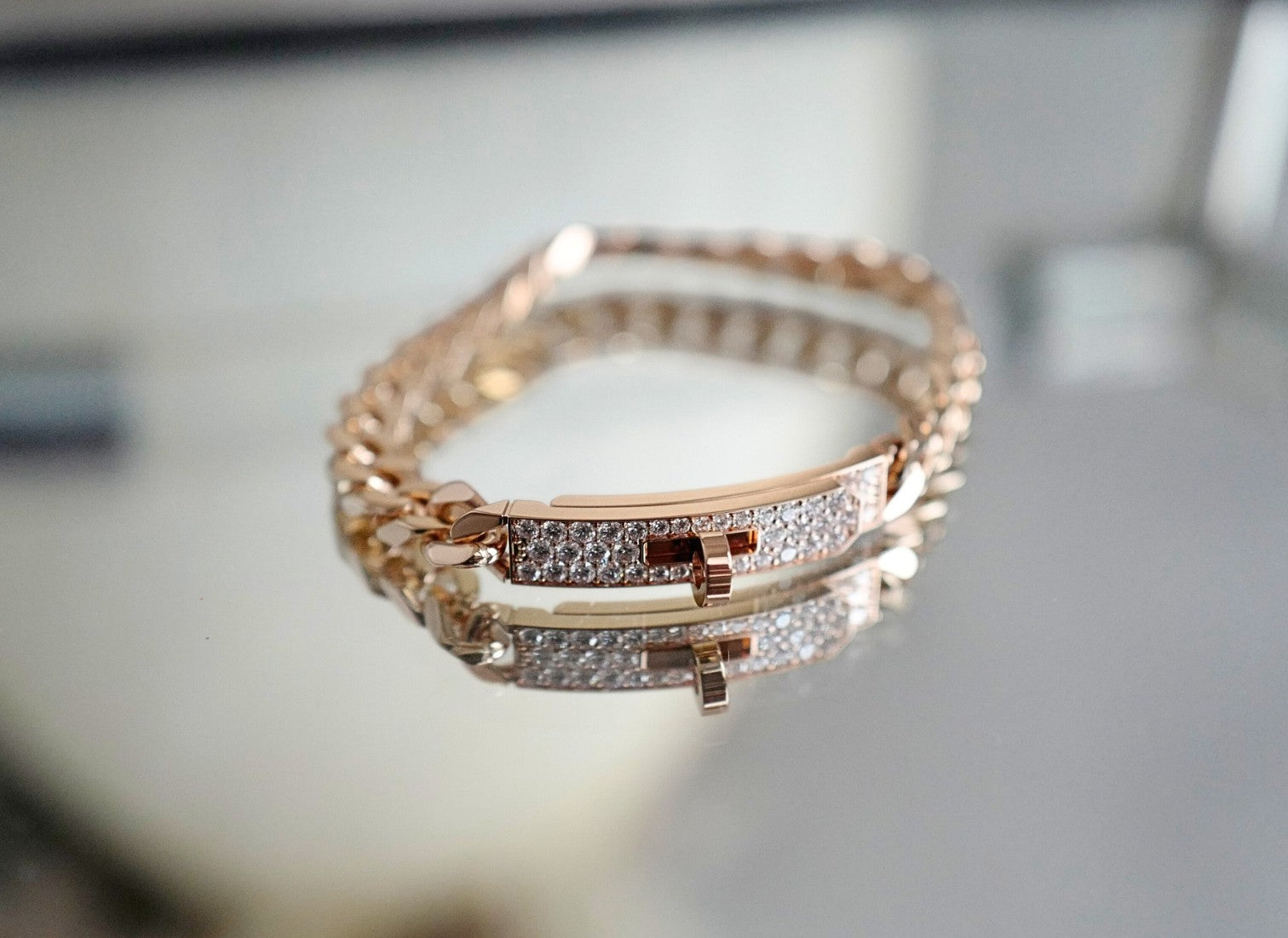 Hermès Kelly Gourmette Bracelet SH Very Small Model Rose Gold with Diamonds SH