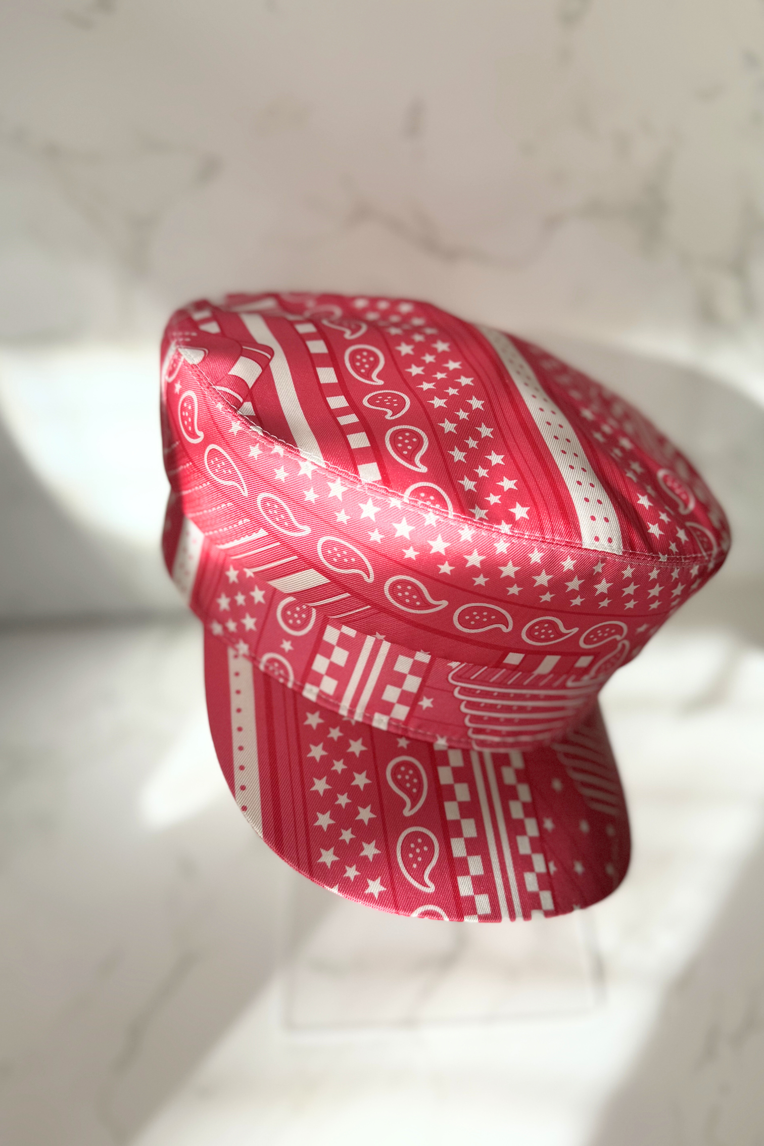 NEW Hermes Women's Deauville Hat Zigzag Printed Silk in Rose Azalea 56