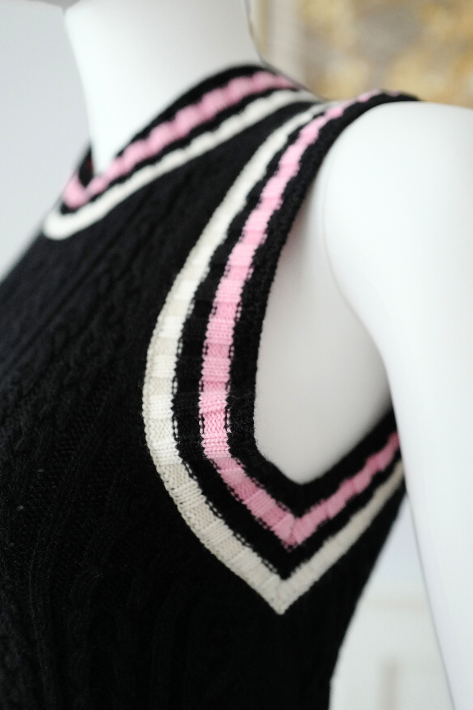 Chanel 23P RTW Tennis Knit Dress in Black, Pink and Ecru Strip Details 36