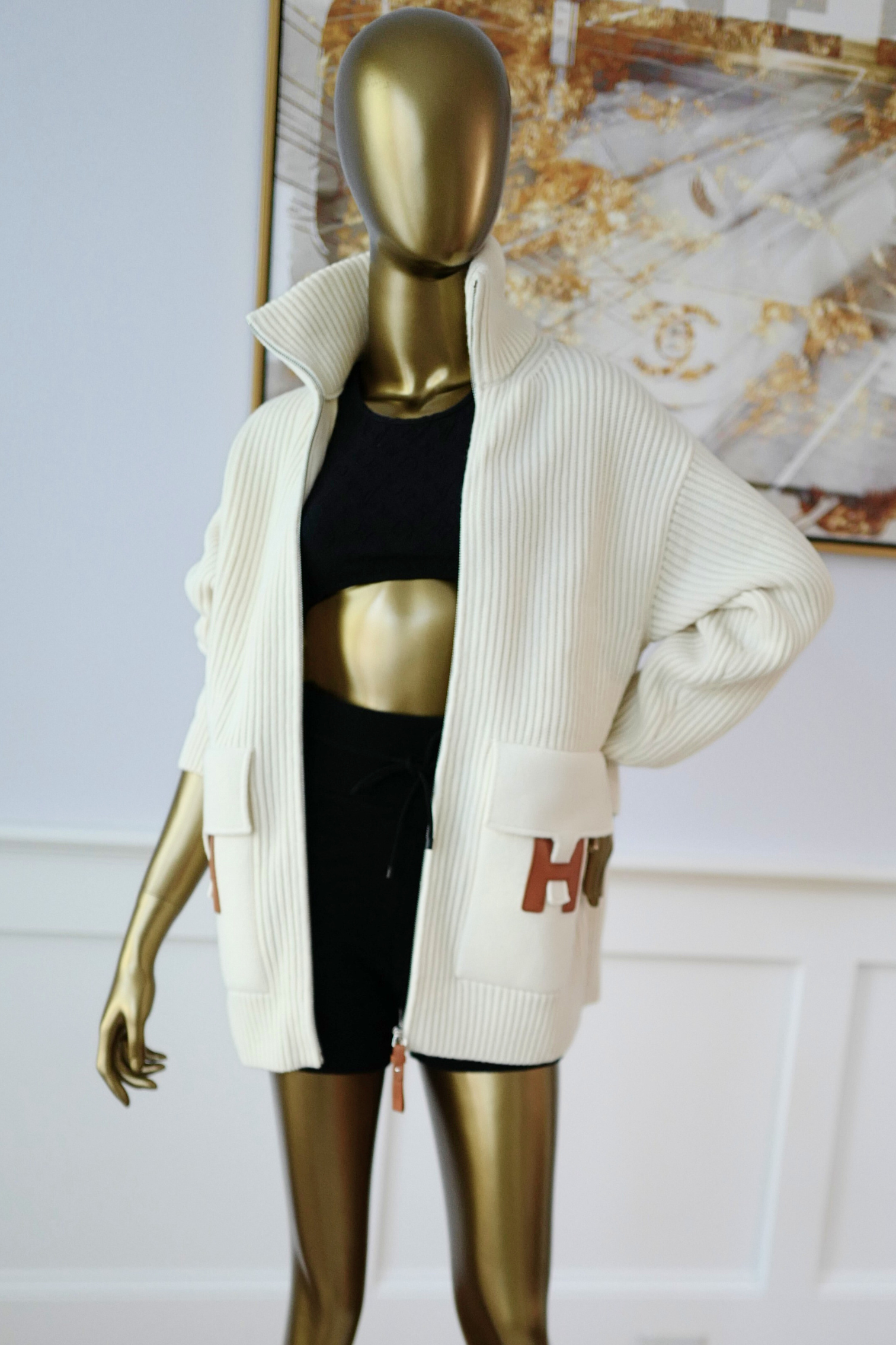 New Hermes Blouson Details Cuir cardigan Virgin Wool size 34