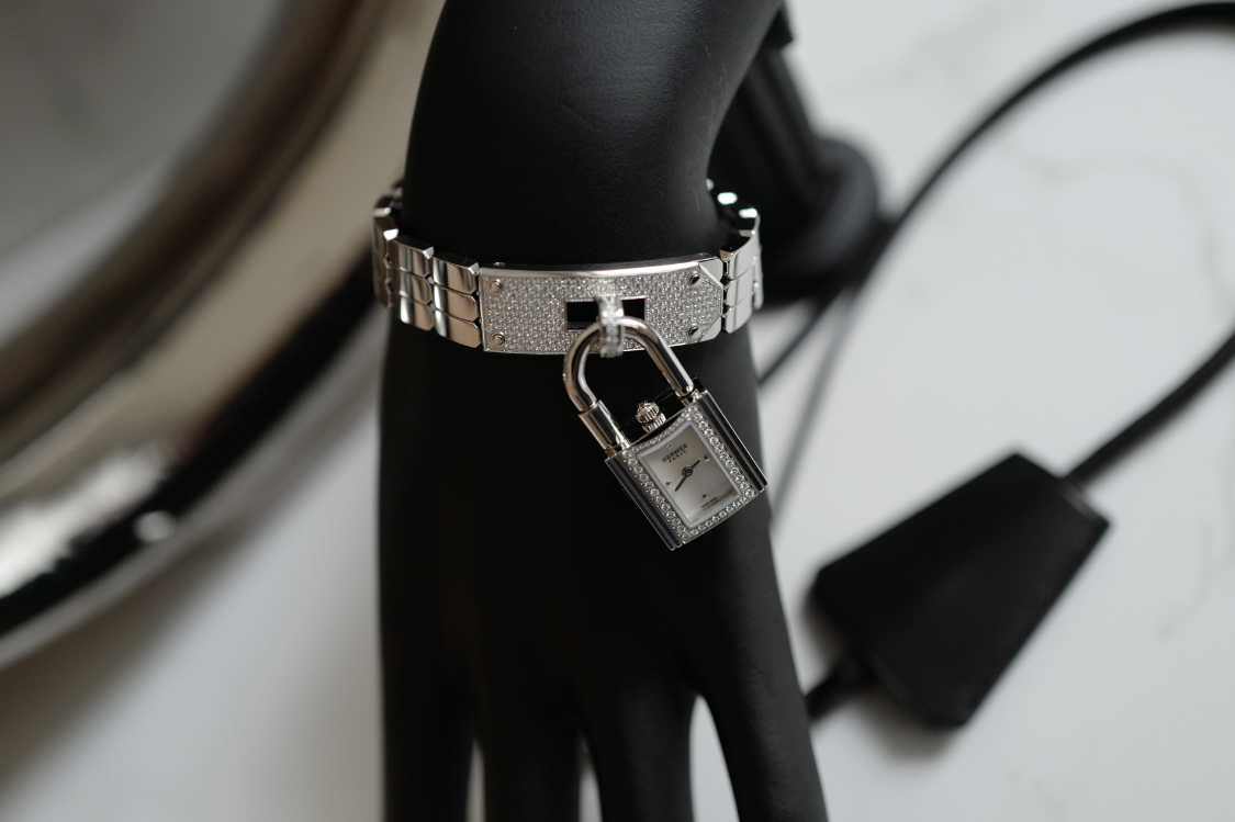 BNIB Hermes Kelly Watch Mini Model, 16 mm, Diamond Stainless Steel Bracelet