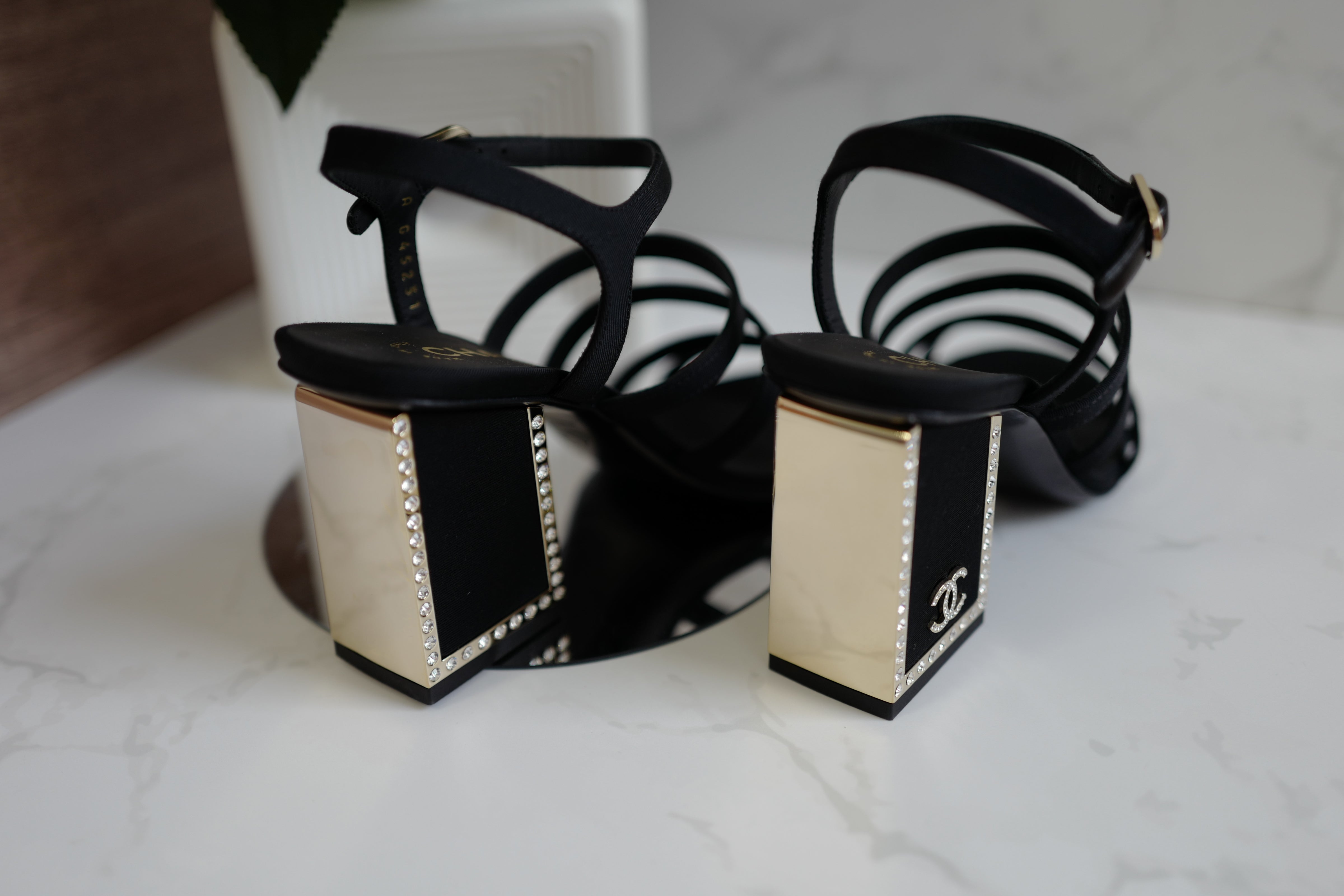 BNIB Chanel 24B Strappy Heels in Black with Crystals Rhinestone Heels size 38