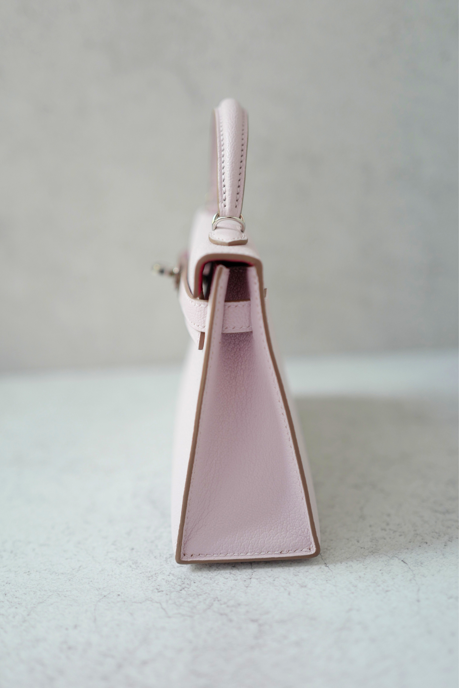 BNIB HERMÈS Mini Kelly 20 HSS Mauve Pale / Rose Mexico Chevre PHW W Stamp