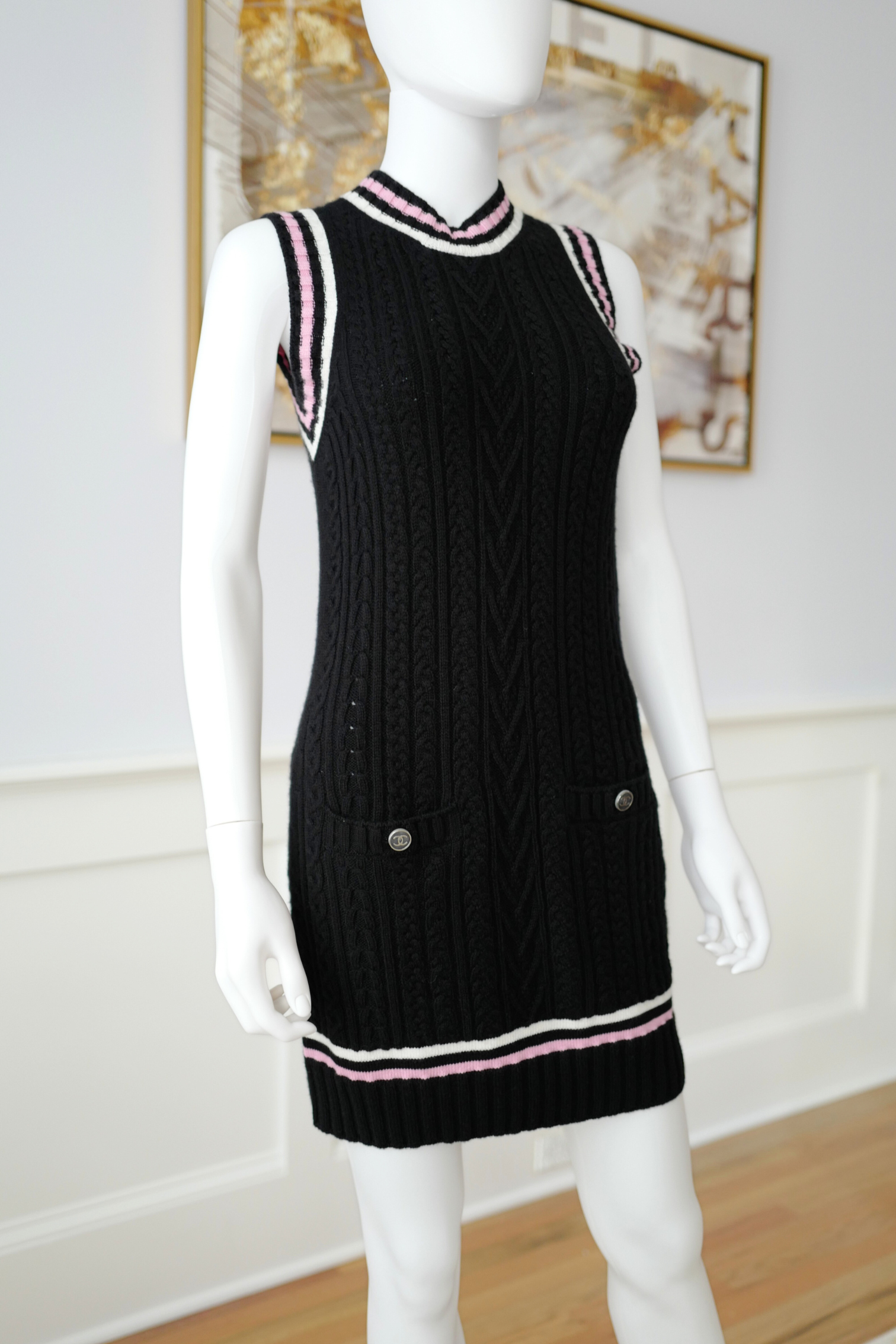 Chanel 23P RTW Tennis Knit Dress in Black, Pink and Ecru Strip Details 36