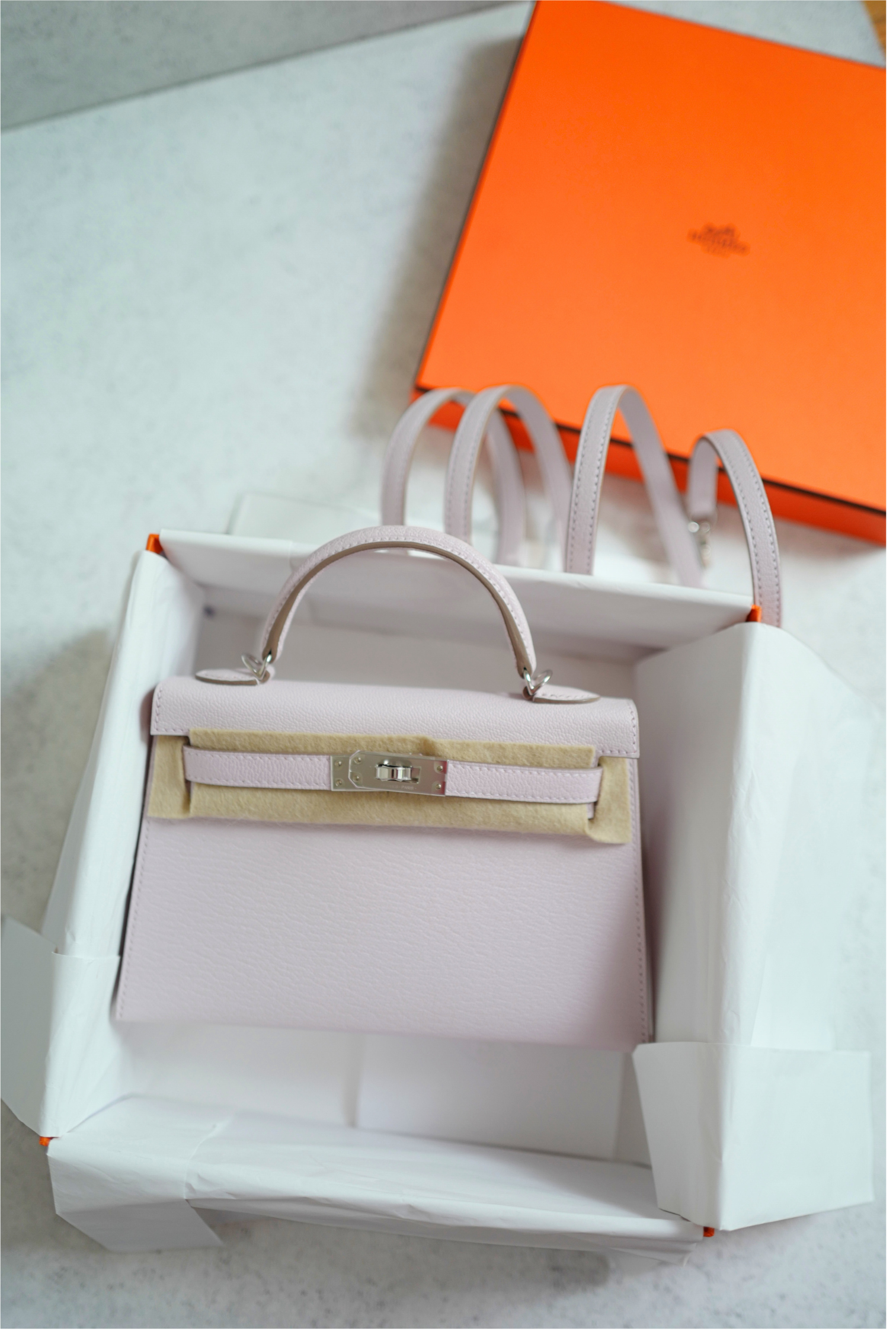 BNIB HERMÈS Mini Kelly 20 HSS Mauve Pale / Rose Mexico Chevre PHW W Stamp