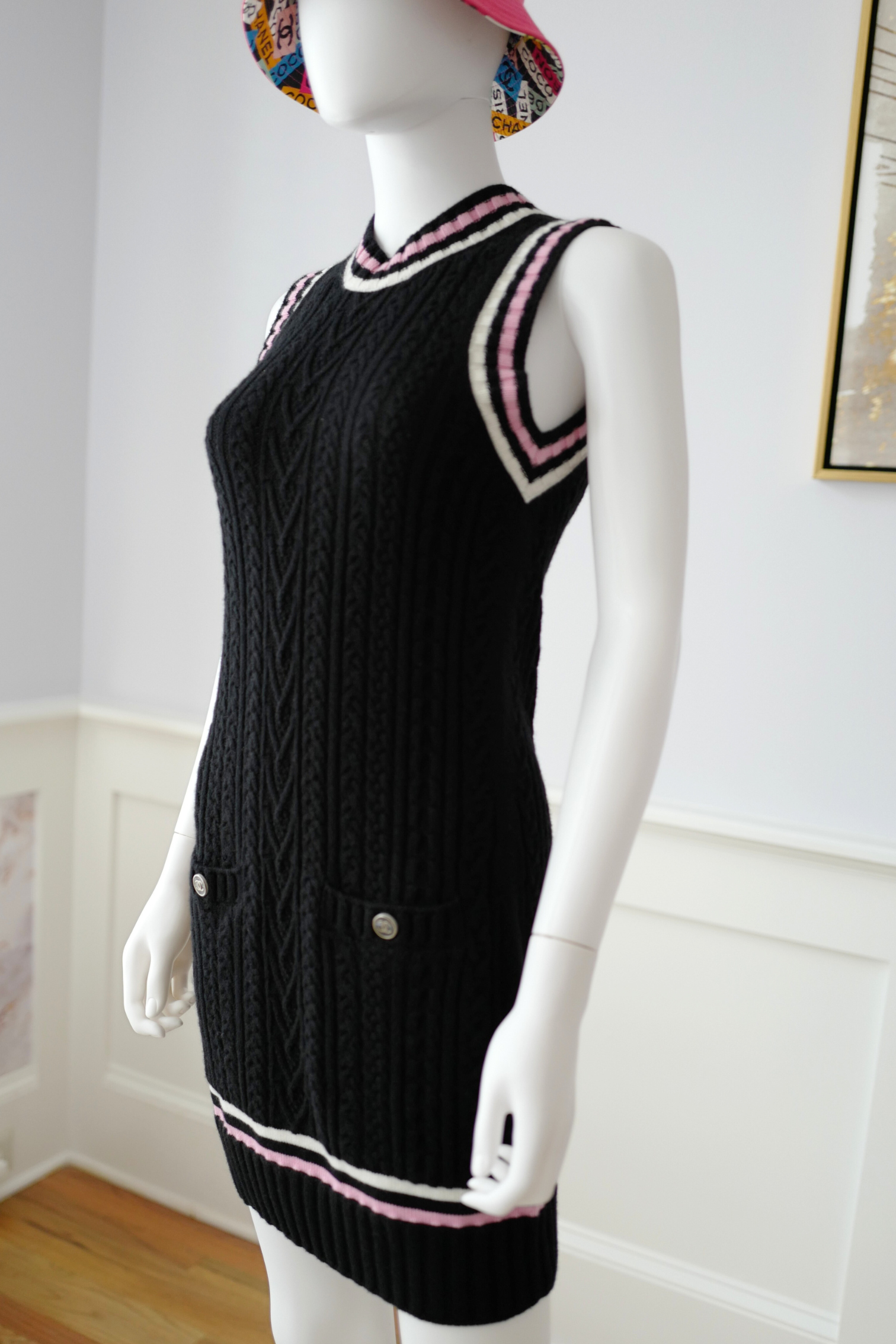 Chanel 23P RTW Tennis Knit Dress in Black, Pink and Ecru Strip Details 36