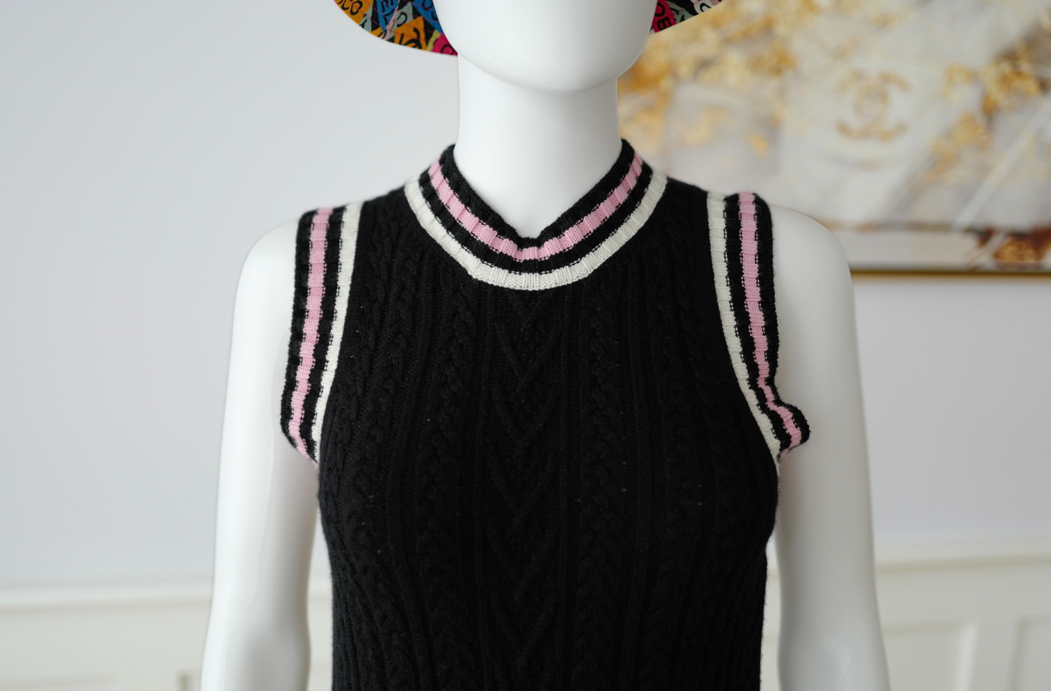 Chanel 23P RTW Tennis Knit Dress in Black, Pink and Ecru Strip Details 36